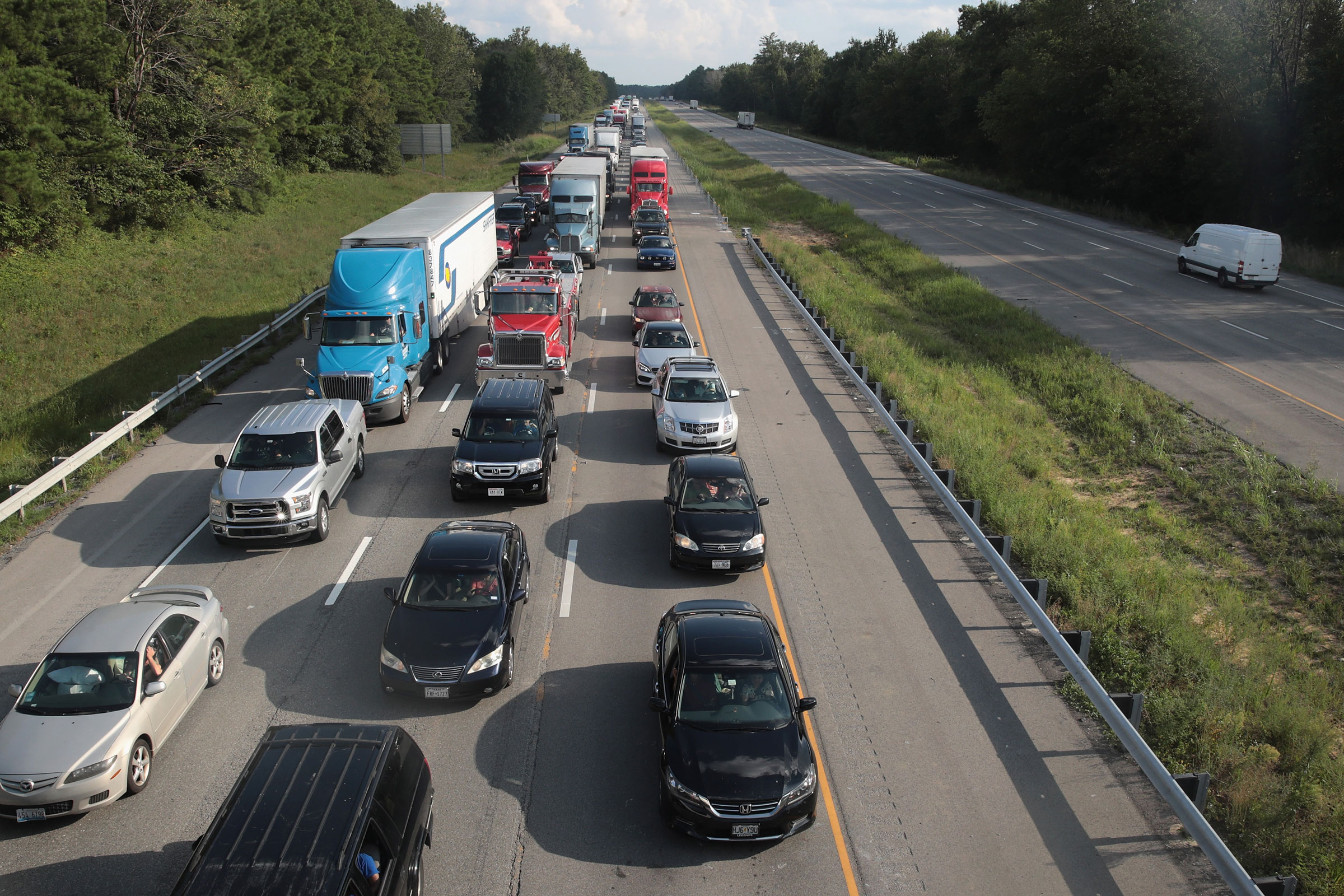 Traffic is backed up in the northbound lanes of Interstate 57 following the solar eclipse near Johnston, Ill., on Aug. 21, 2017.
