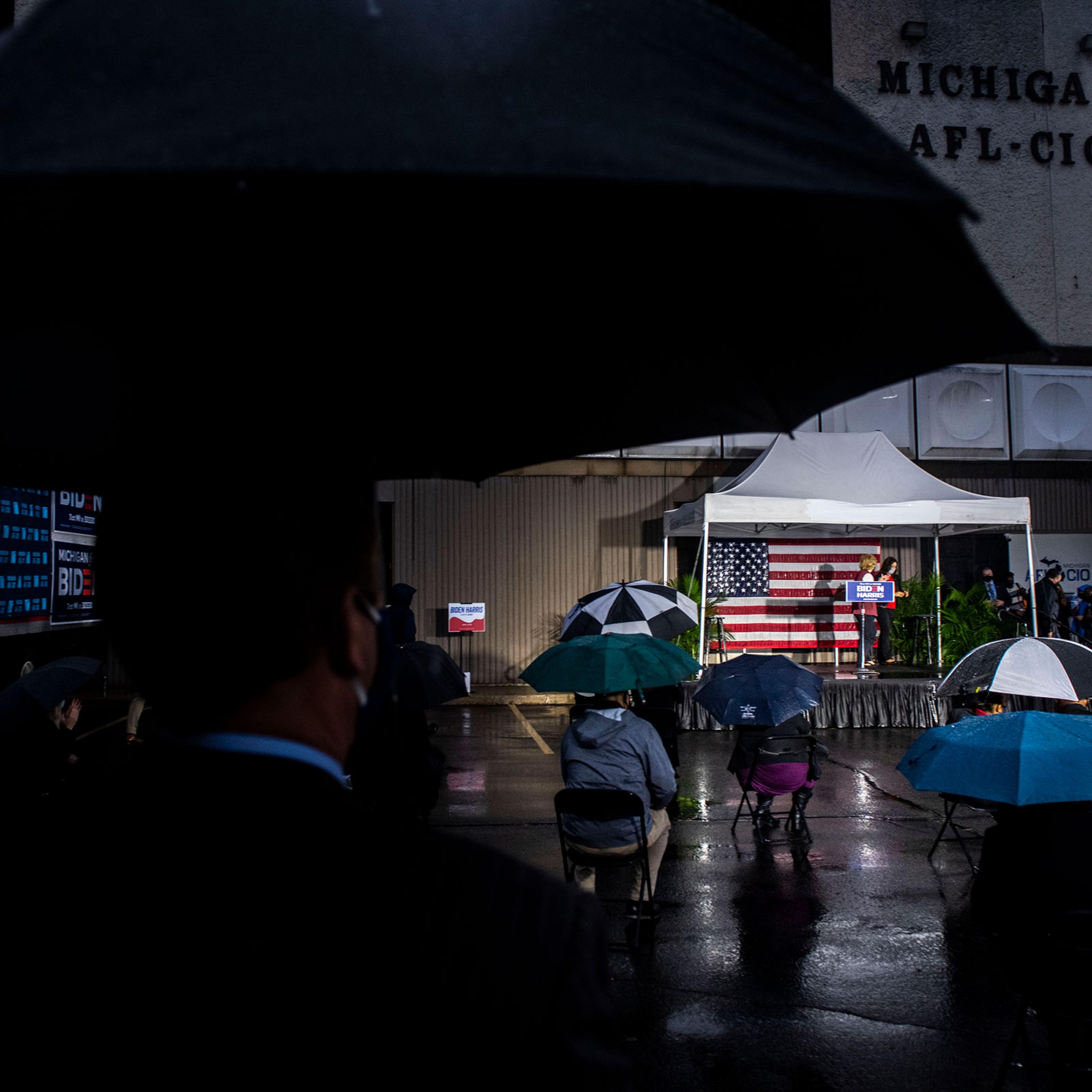 Doug Emhoff, who is the husband of Senator Kamala Harris, speaks to the crowd during his visit Michigan to campaign for Democratic presidential candidate former Vice President Joe Biden and Sen. Harris on Oct. 12, 2020 in Lansing, Mich.