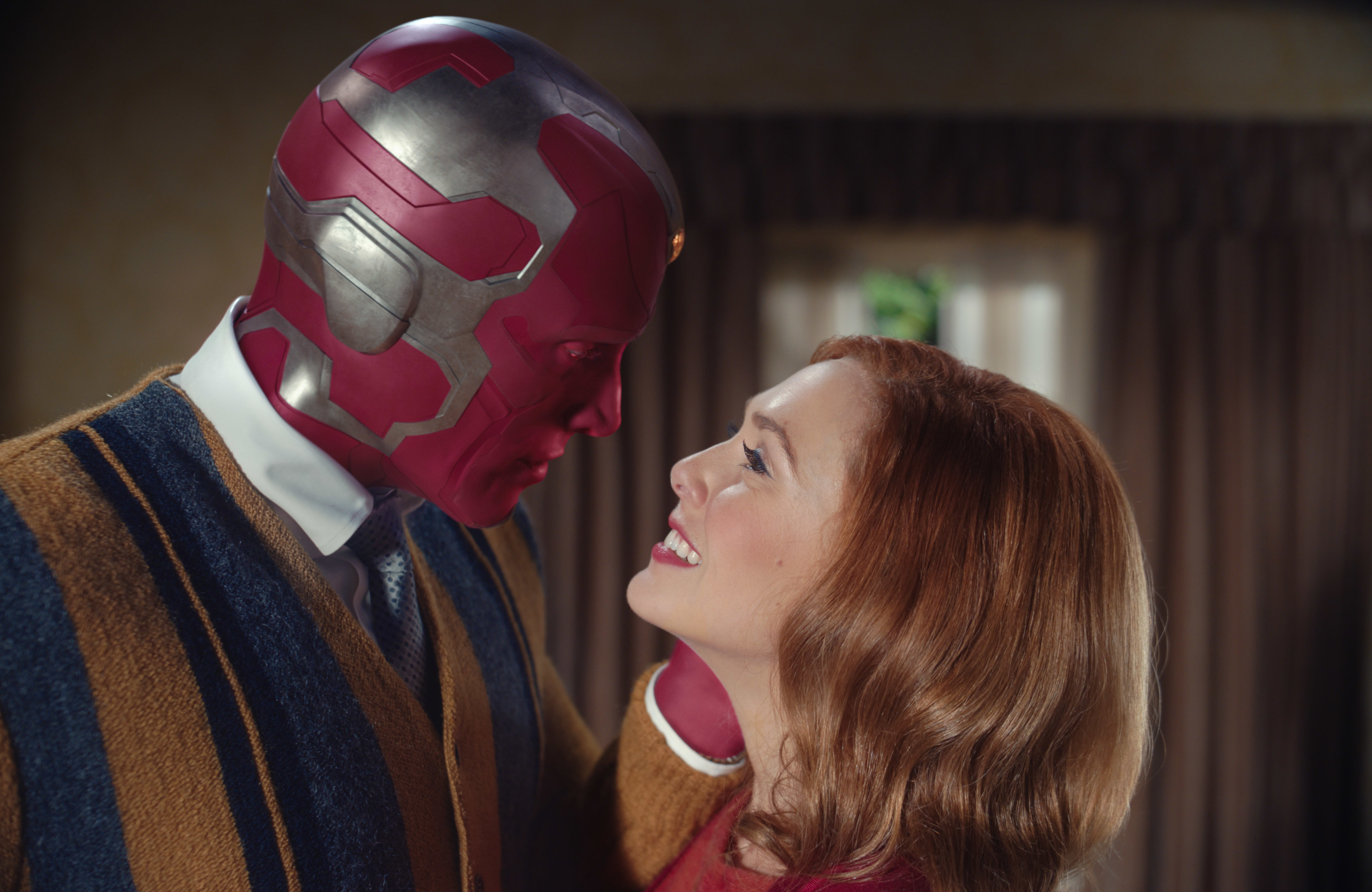 Paul Bettany as Vision and Elizabeth Olsen as Wanda in <i>WandaVision</i>