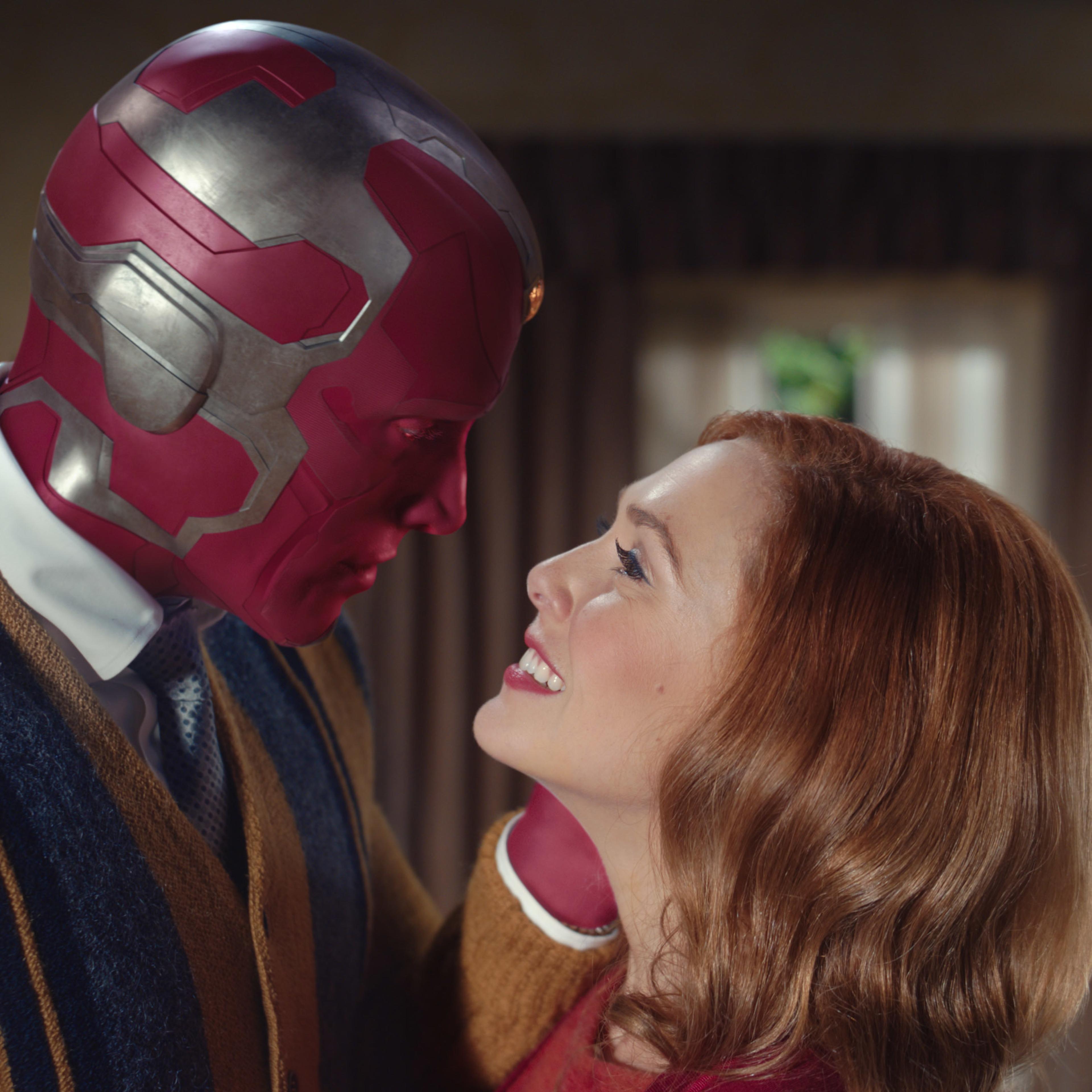 Paul Bettany as Vision and Elizabeth Olsen as Wanda in <i>WandaVision</i>