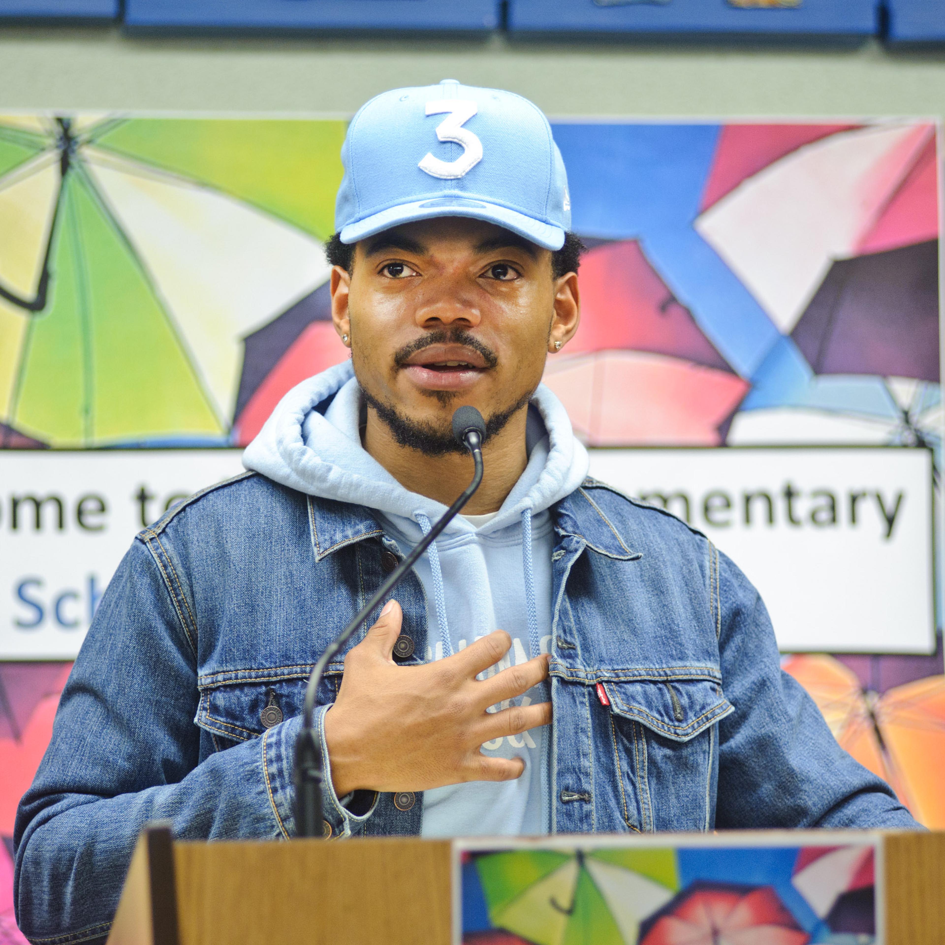 Chance The Rapper holds a press conference and donates $1 Million Dollars to the Chicago Public School Foundation at Westcott Elementary School on March 6, 2017 in Chicago, Ill.