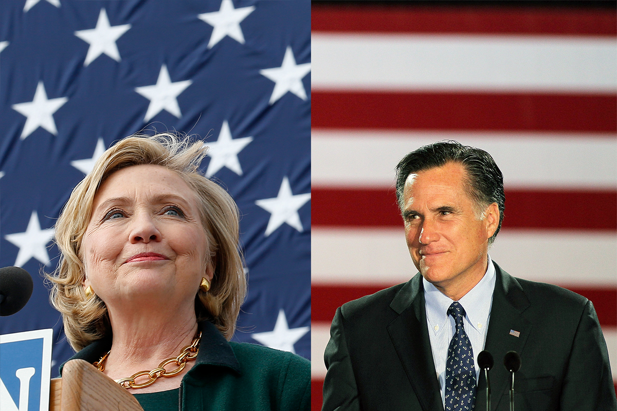 Hillary Clinton gives a speech at the 37th Harkin Steak Fry in Indianola, Iowa on Sept. 14, 2014. ; Mitt Romney speaks to supporters at an election-night rally on April 3, 2012 in Milwaukee, Wisconsin.