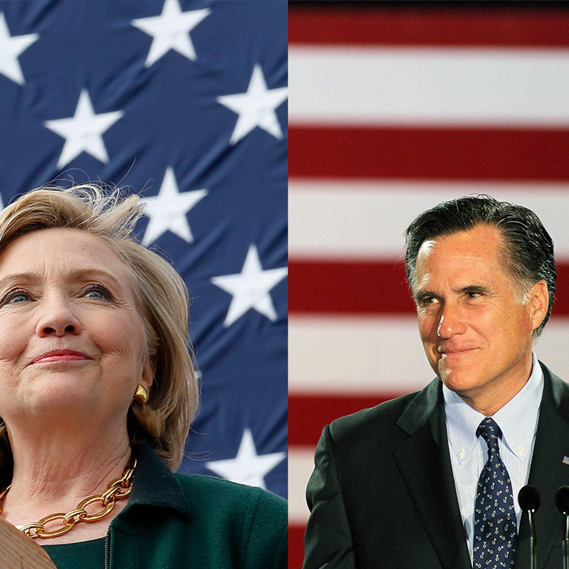 Hillary Clinton gives a speech at the 37th Harkin Steak Fry in Indianola, Iowa on Sept. 14, 2014. ; Mitt Romney speaks to supporters at an election-night rally on April 3, 2012 in Milwaukee, Wisconsin.