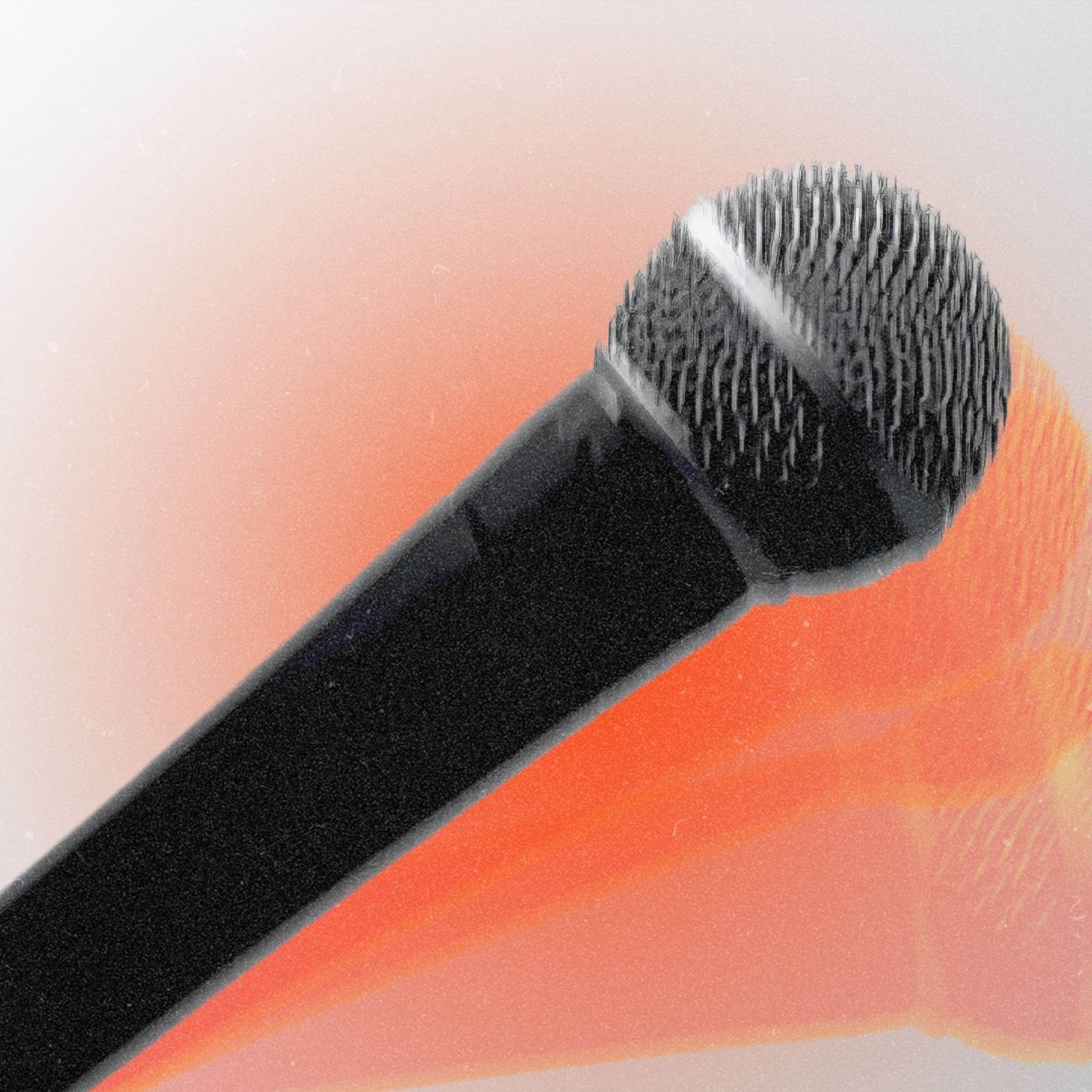 A microphone dropping onto a gray background with like orange reflections of the microphone to show that it is moving