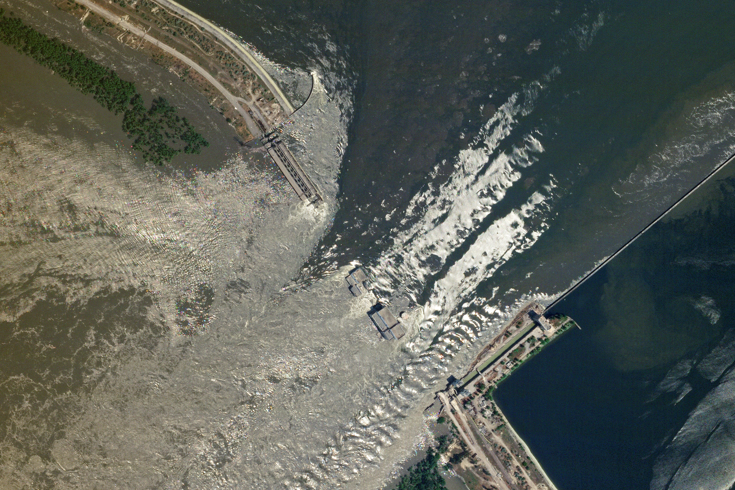 A satellite image shows the damaged Nova Kakhovka Dam, amid Russia's attack on Ukraine, in Kherson region, Ukraine, on June 6.