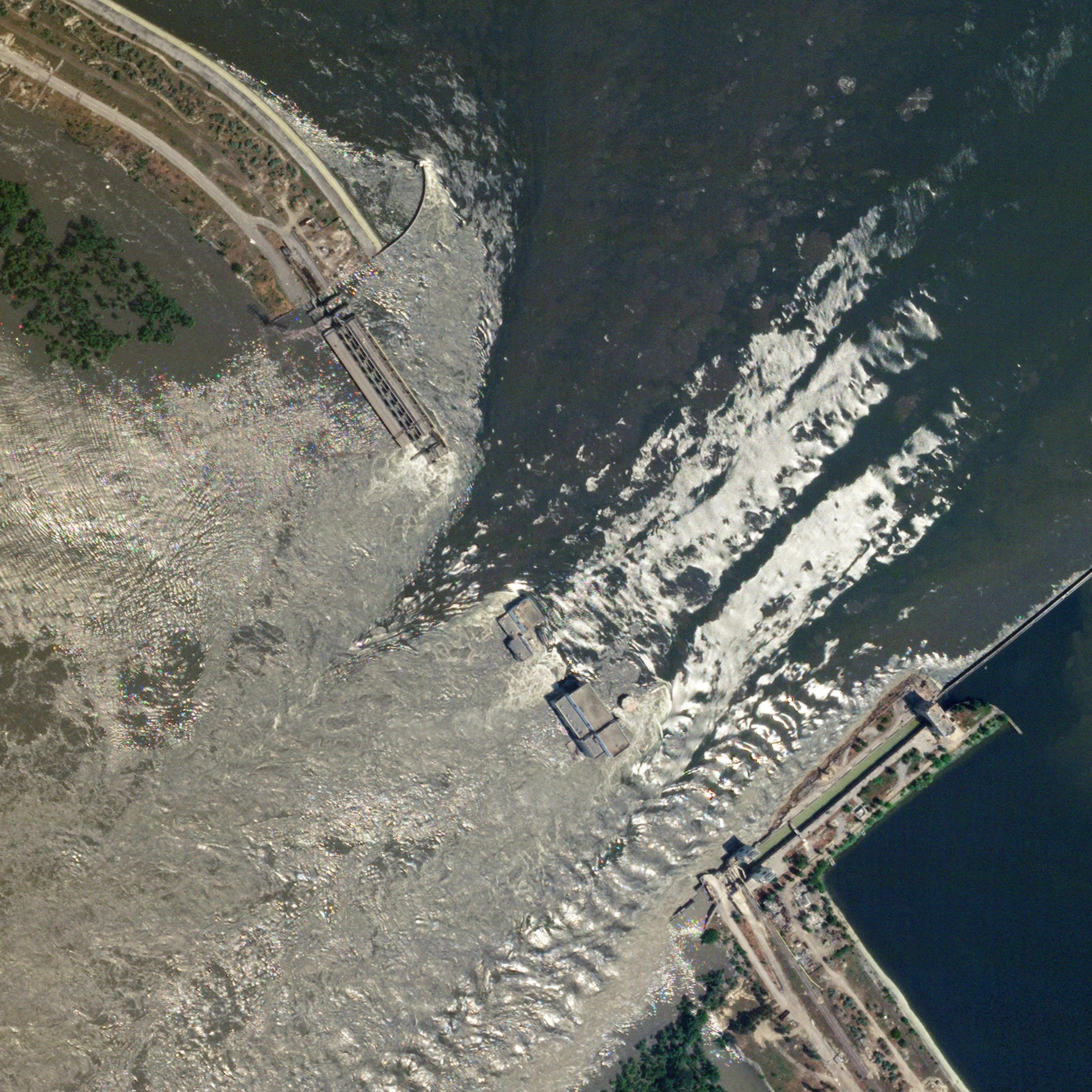 A satellite image shows the damaged Nova Kakhovka Dam, amid Russia's attack on Ukraine, in Kherson region, Ukraine, on June 6.