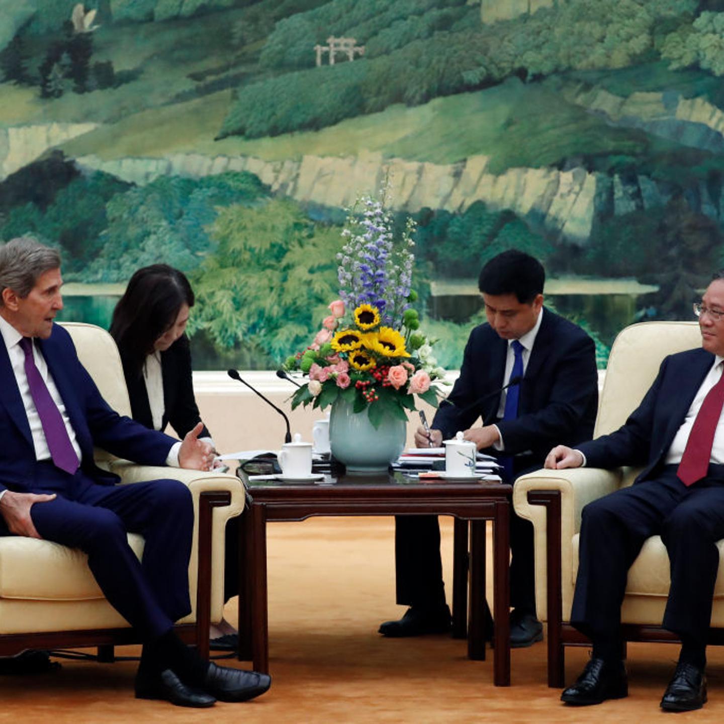 U.S. climate envoy John Kerry (L) meets with Chinese Premier Li Qiang in the Great Hall of the People on July 18, 2023 in Beijing, China.