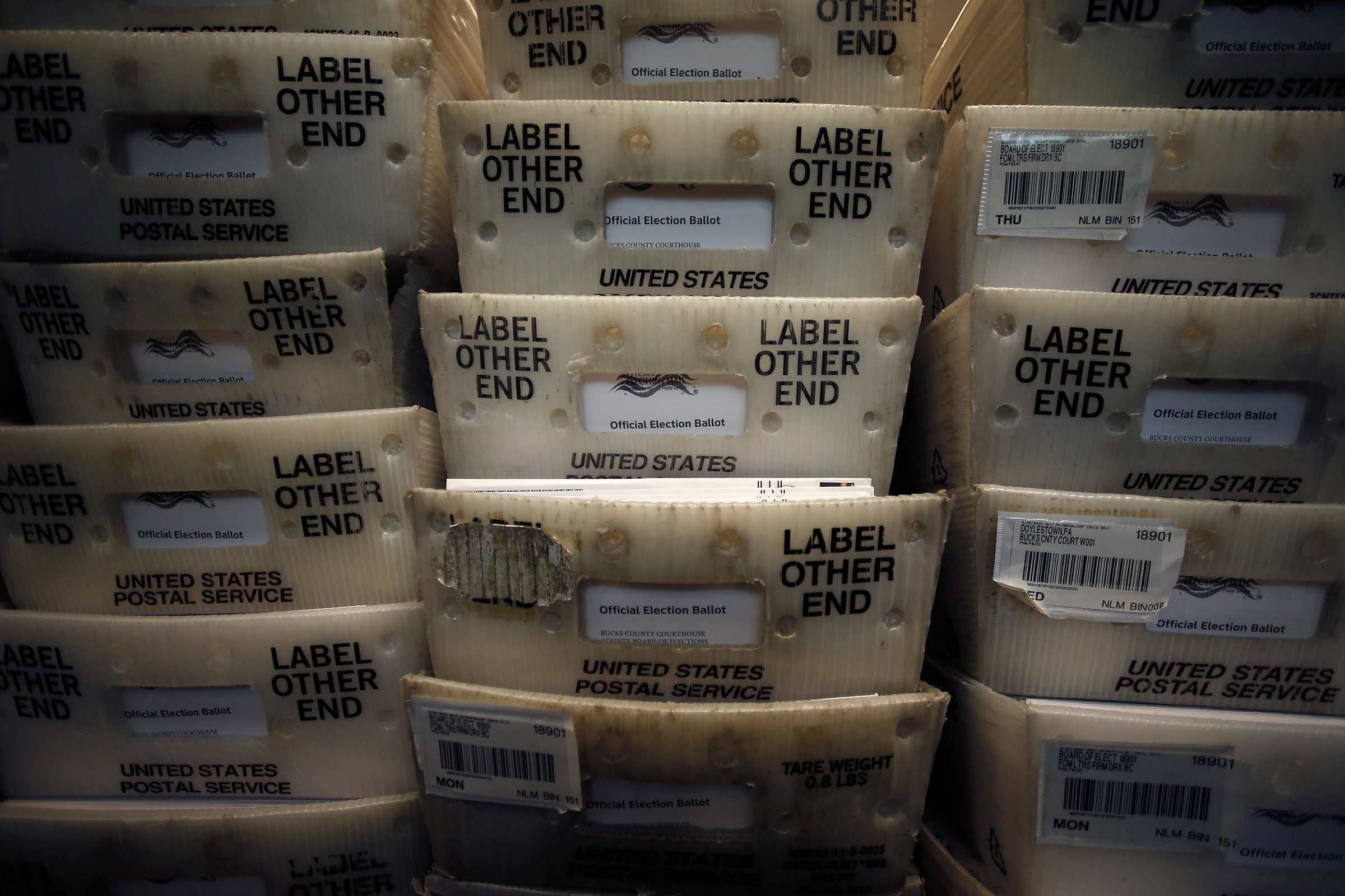 Processed mail-in ballots are seen at the Bucks County Board of Elections office prior to the primary election in Doylestown, Pa.