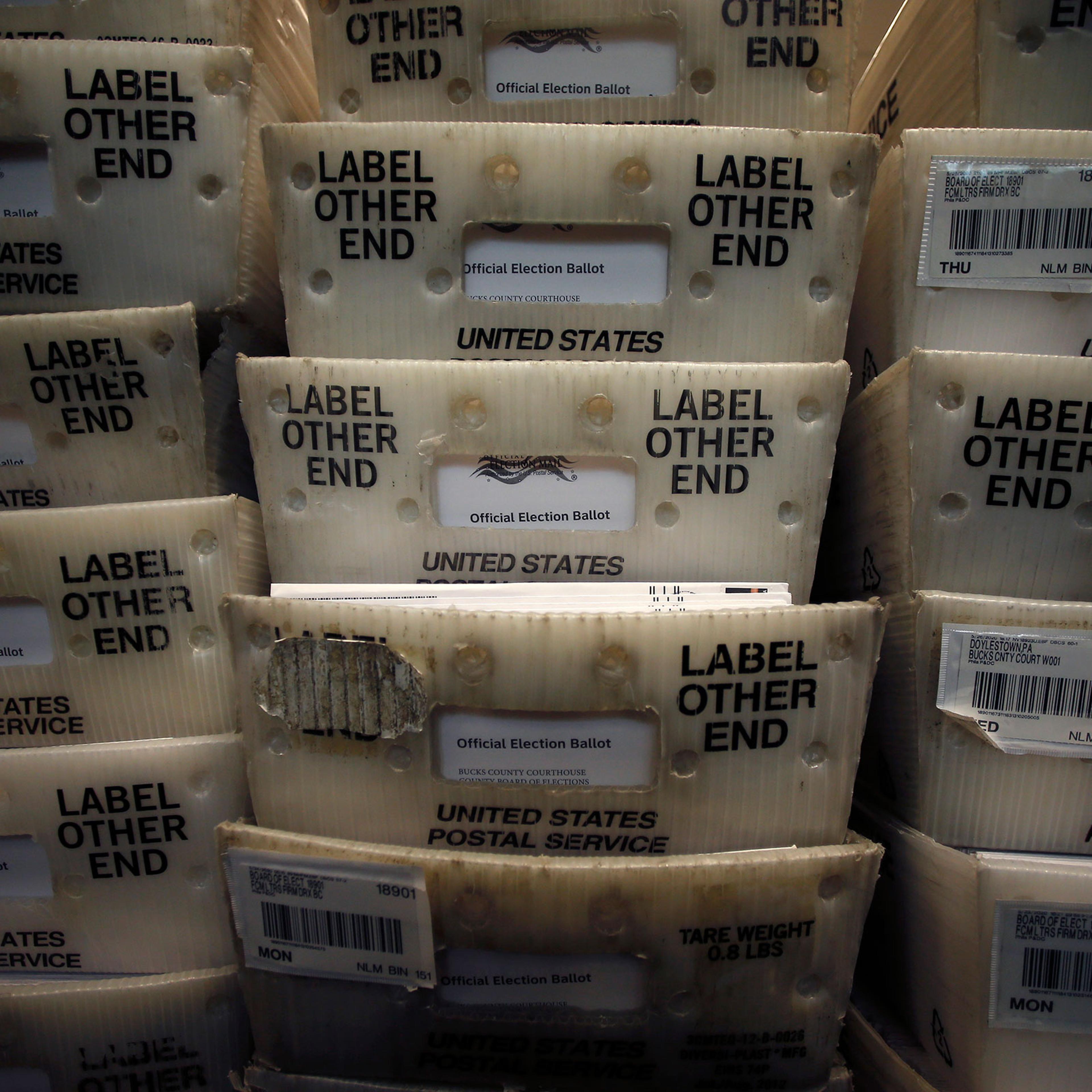 Processed mail-in ballots are seen at the Bucks County Board of Elections office prior to the primary election in Doylestown, Pa.