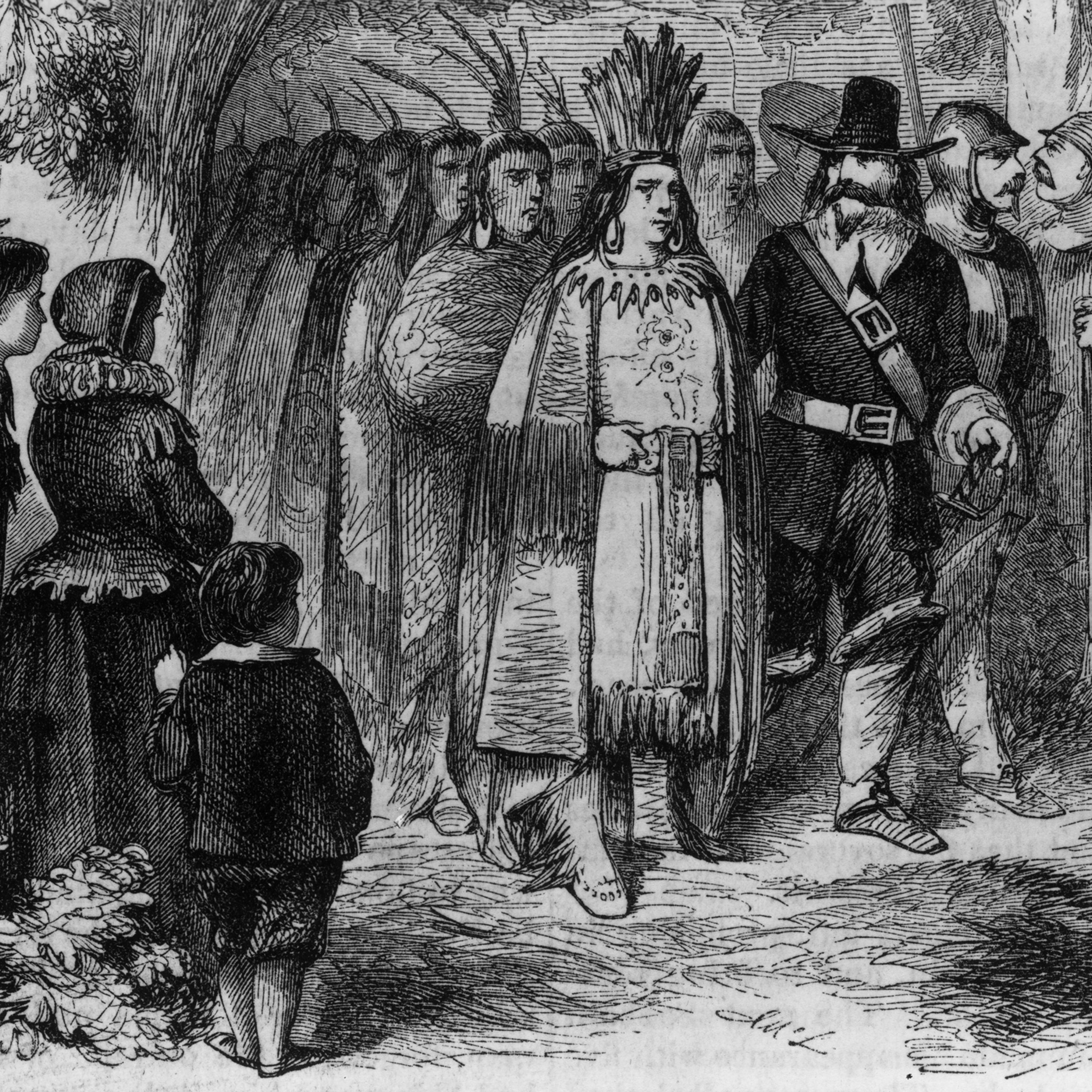 Circa 1621, Massasoit or Ousamequin, chief of the Wampanoag of Massachusetts and Rhode Island pays a friendly visit to the Pilgrims' camp at Plymouth Colony with his warriors after signing the earliest recorded treaty in New England with Governor Jo