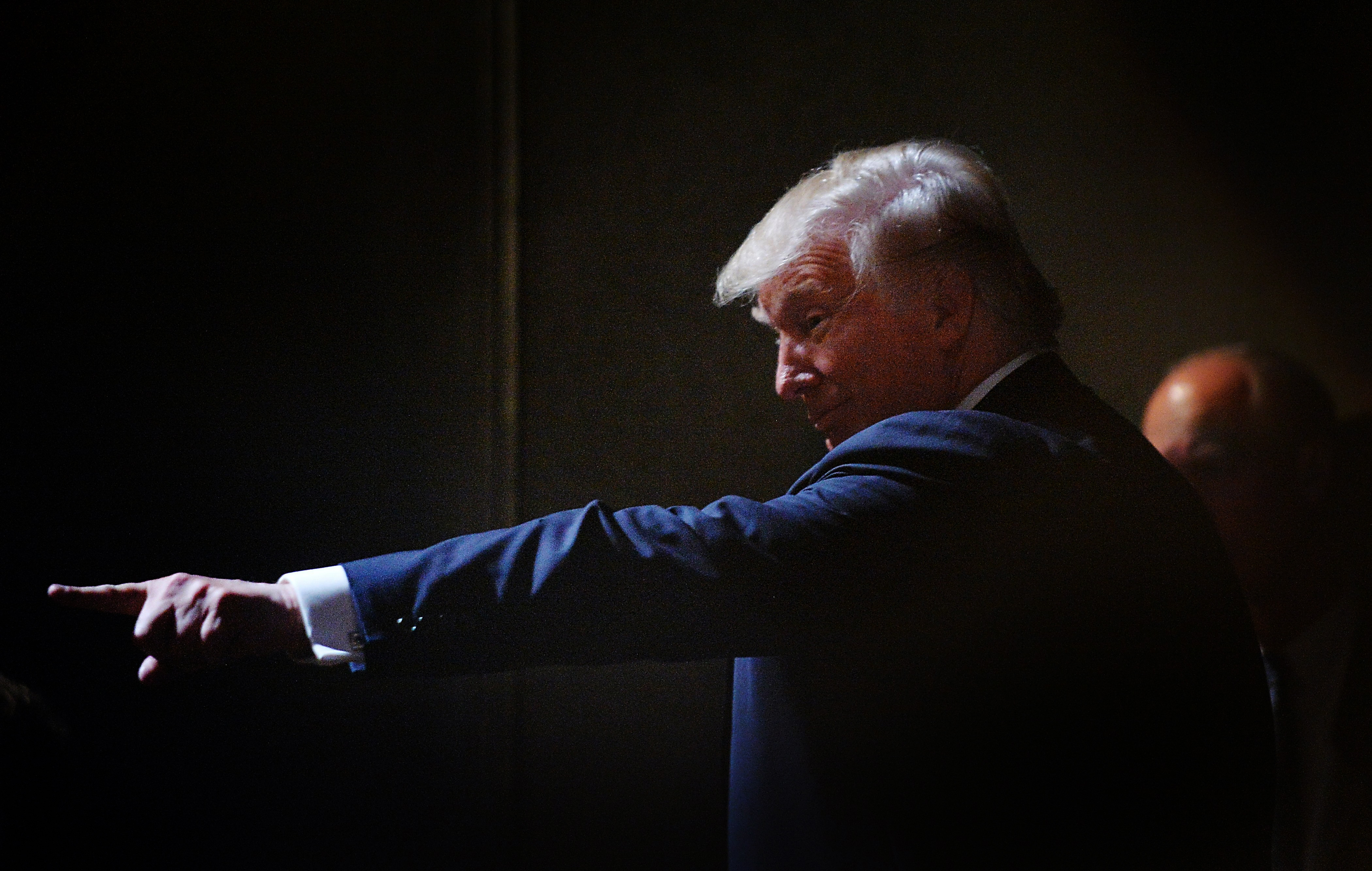 Donald Trump points during a campaign event on July 5, 2016 in Raleigh, N.C.