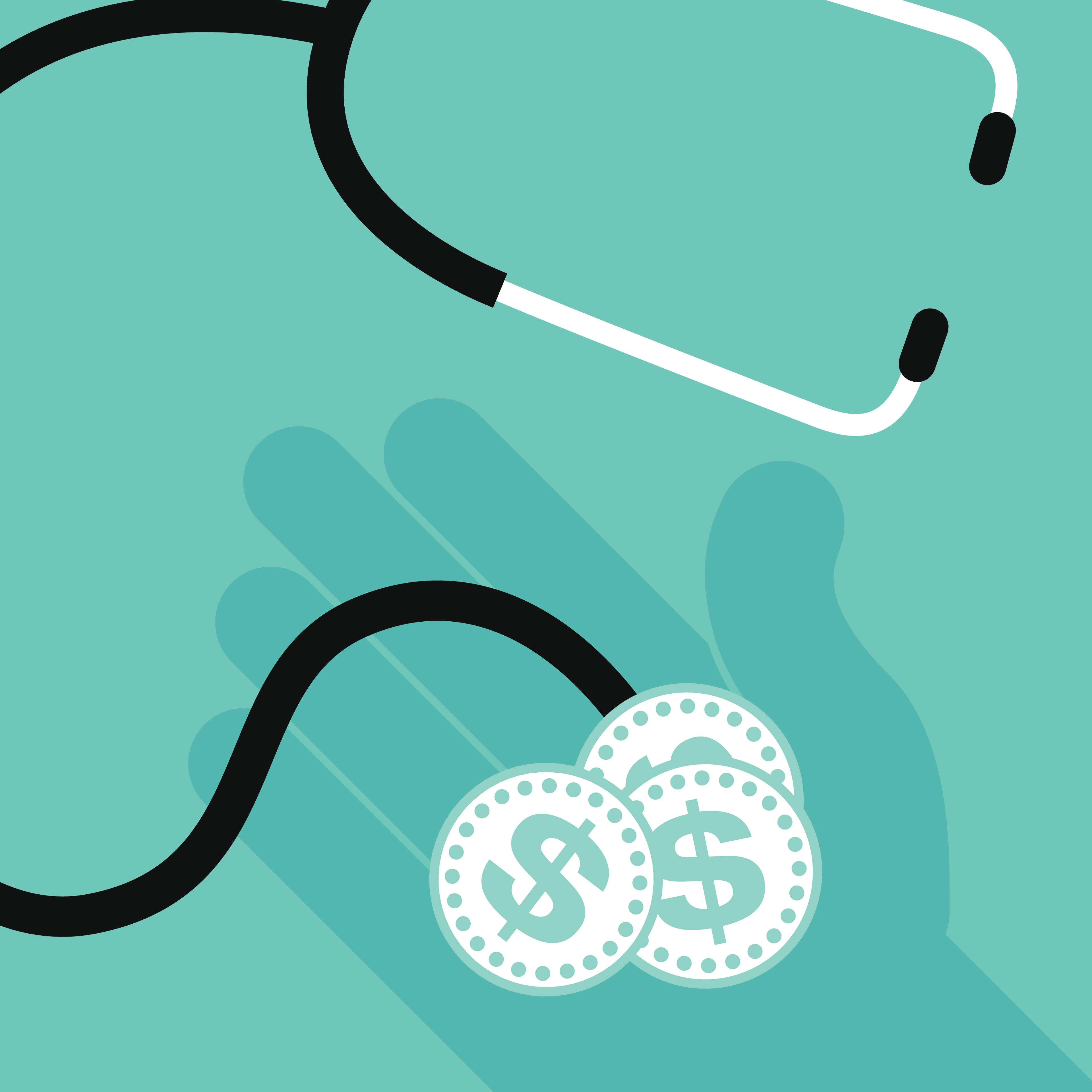 Stethoscope checking hand holding dollar coins