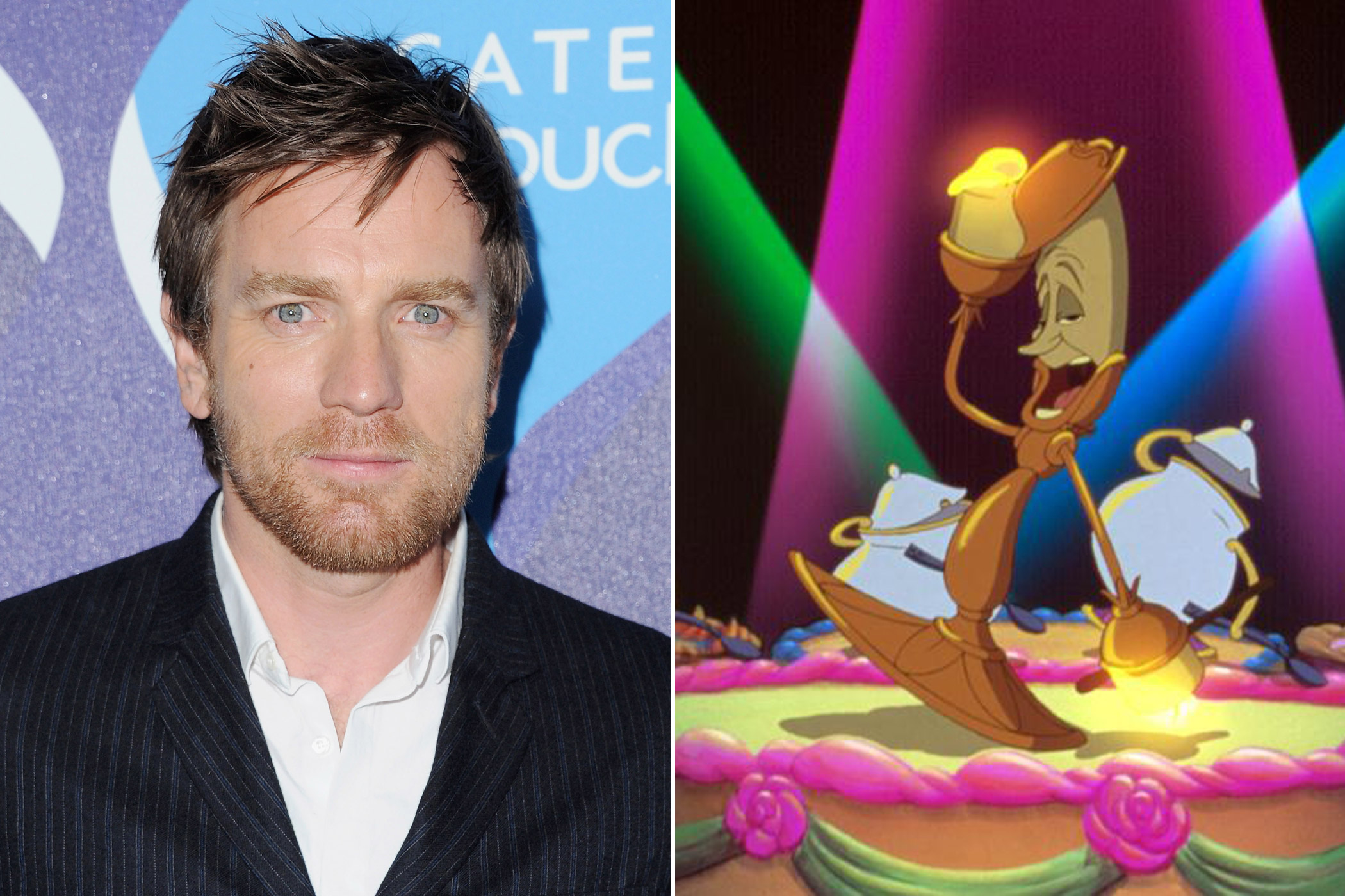From left: Ewan McGregor and Lumiere from <i>Beauty and the Beast</i>