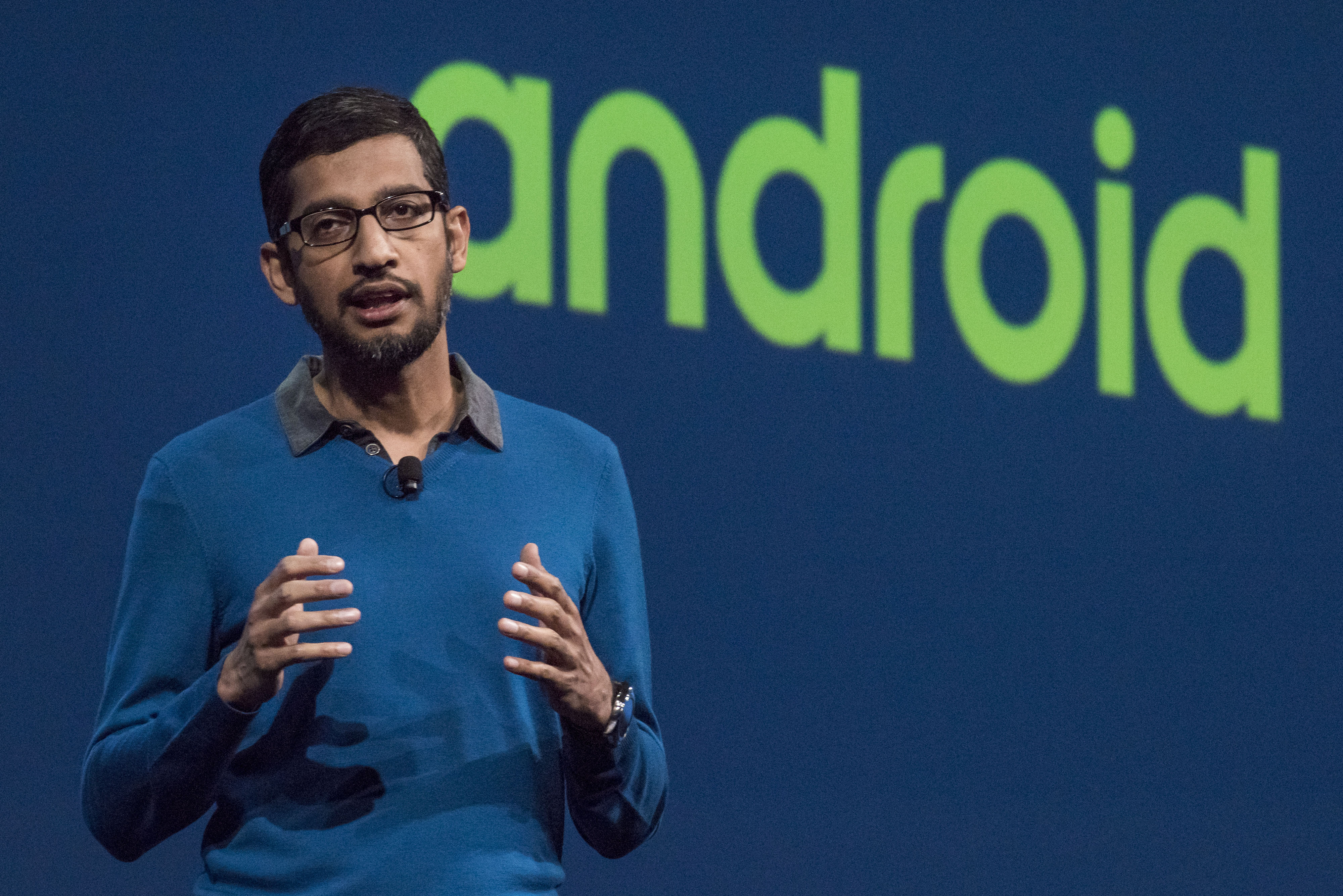 Sundar Pichai, senior vice-president of Products for Google Inc., speaks during the Google I/O Annual Developers Conference in San Francisco, California, U.S., on Thursday, May 28, 2014. Google Inc. executives are taking the stage this week to talk about