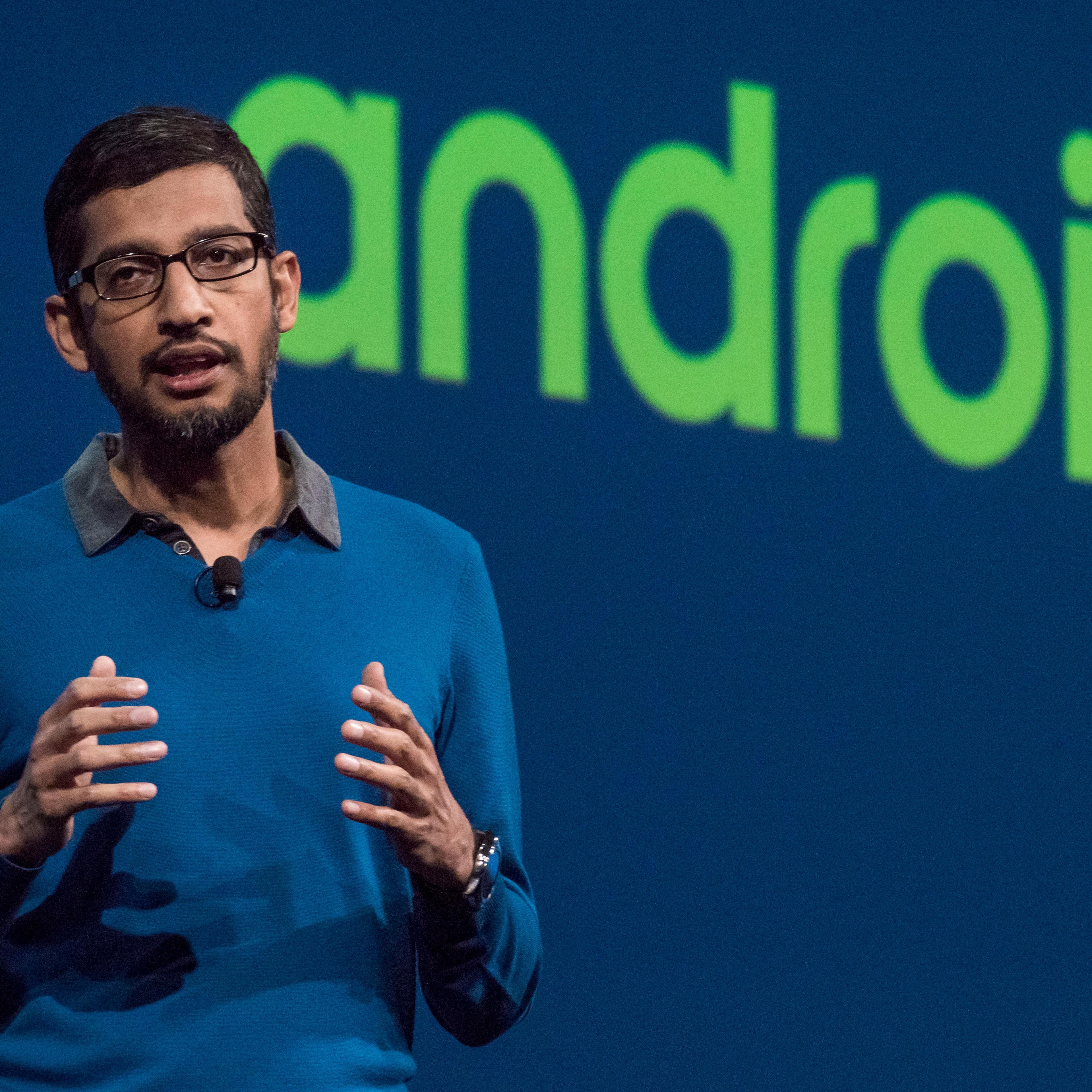 Sundar Pichai, senior vice-president of Products for Google Inc., speaks during the Google I/O Annual Developers Conference in San Francisco, California, U.S., on Thursday, May 28, 2014. Google Inc. executives are taking the stage this week to talk about