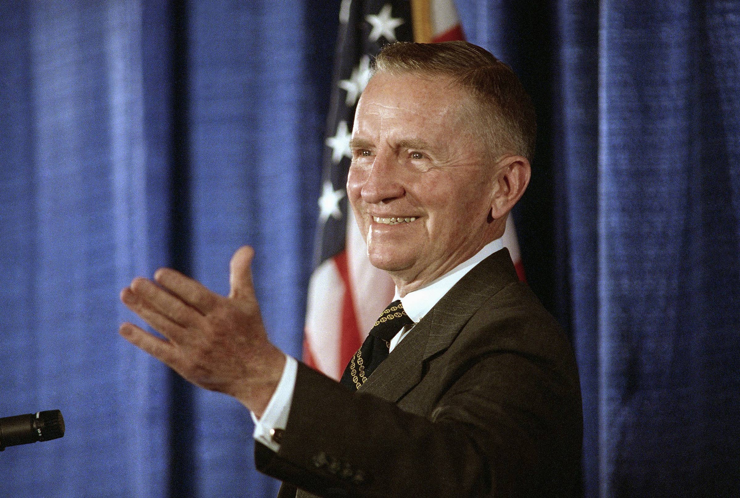 Perot speaks to the press in June 1992; the Texas billionaire ran for President that year as well as in 1996.
