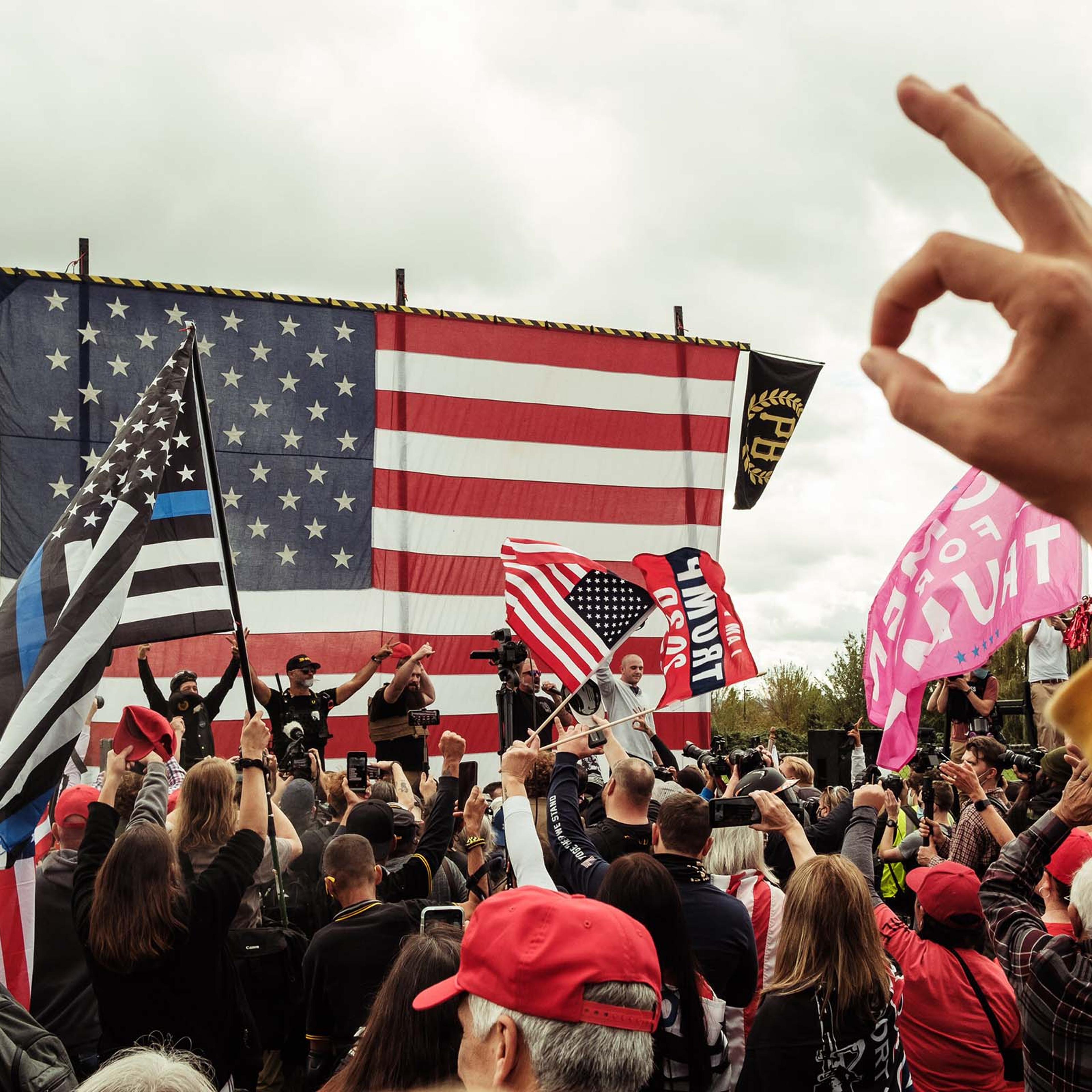 Members and supporters of the Proud Boys gather for a rally in Portland, Ore., Sept. 26, 2020. (Mason Trinca/The New York Times)