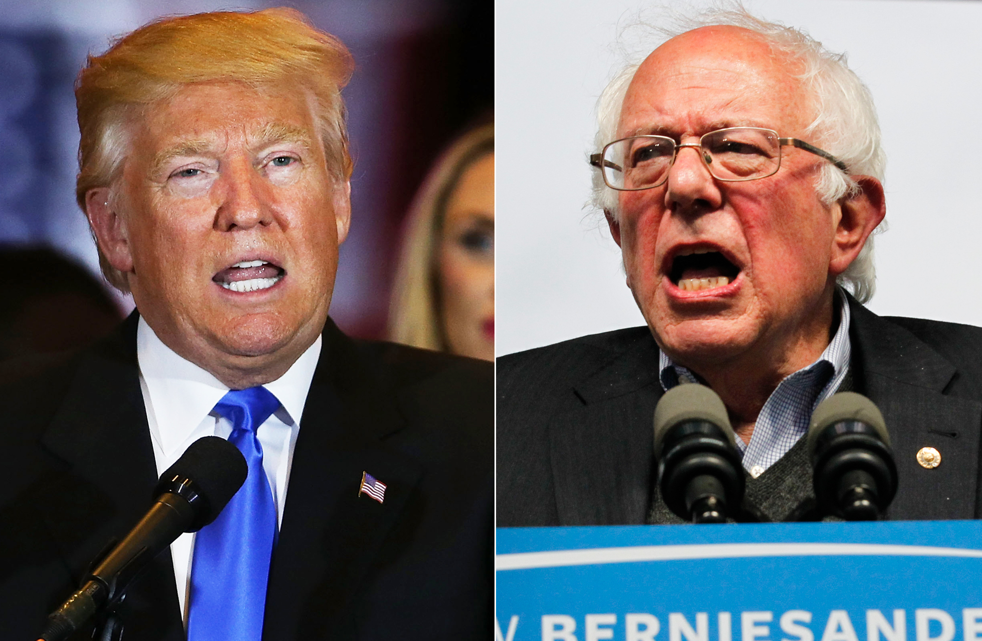 From left: Donald Trump on May 3, 2016 in New York City and Bernie Sanders on May 3, 2016 in Louisville, Ky.