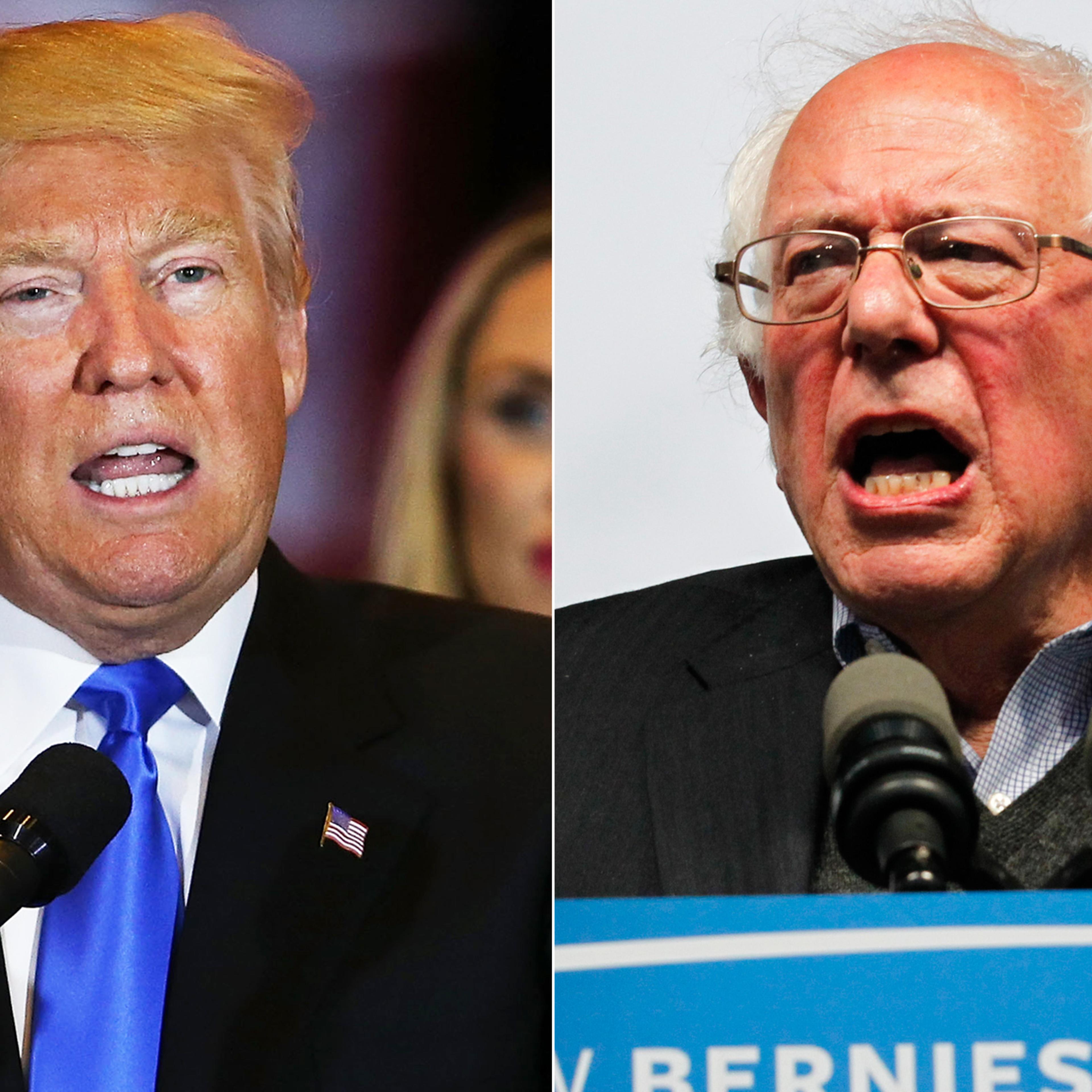 From left: Donald Trump on May 3, 2016 in New York City and Bernie Sanders on May 3, 2016 in Louisville, Ky.
