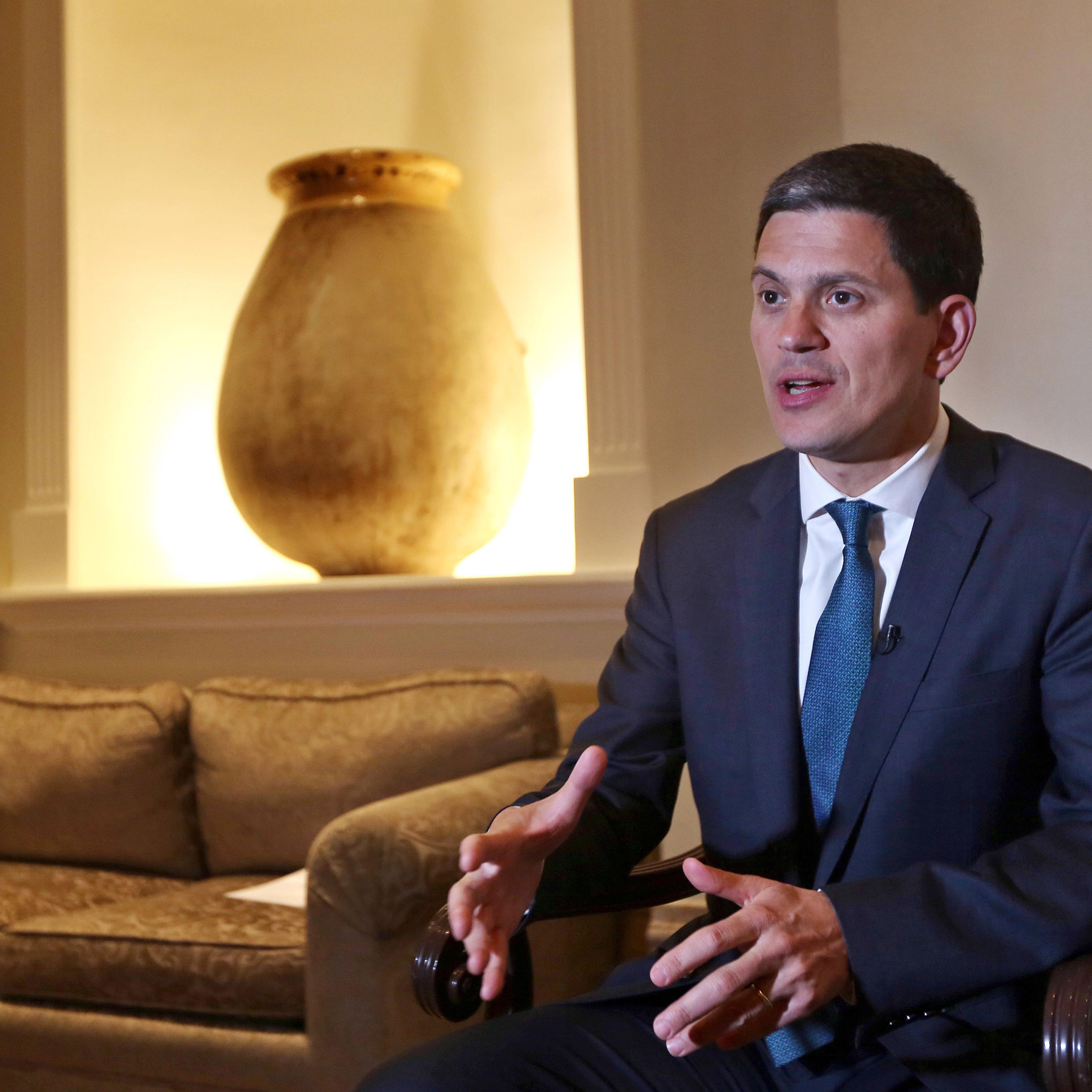 David Miliband, the President and CEO of the International Rescue Committee, speaks during an interview with The Associated Press in Beirut, Lebanon, Thursday, April 9, 2015. Miliband says that the whole international community shares responsibility for