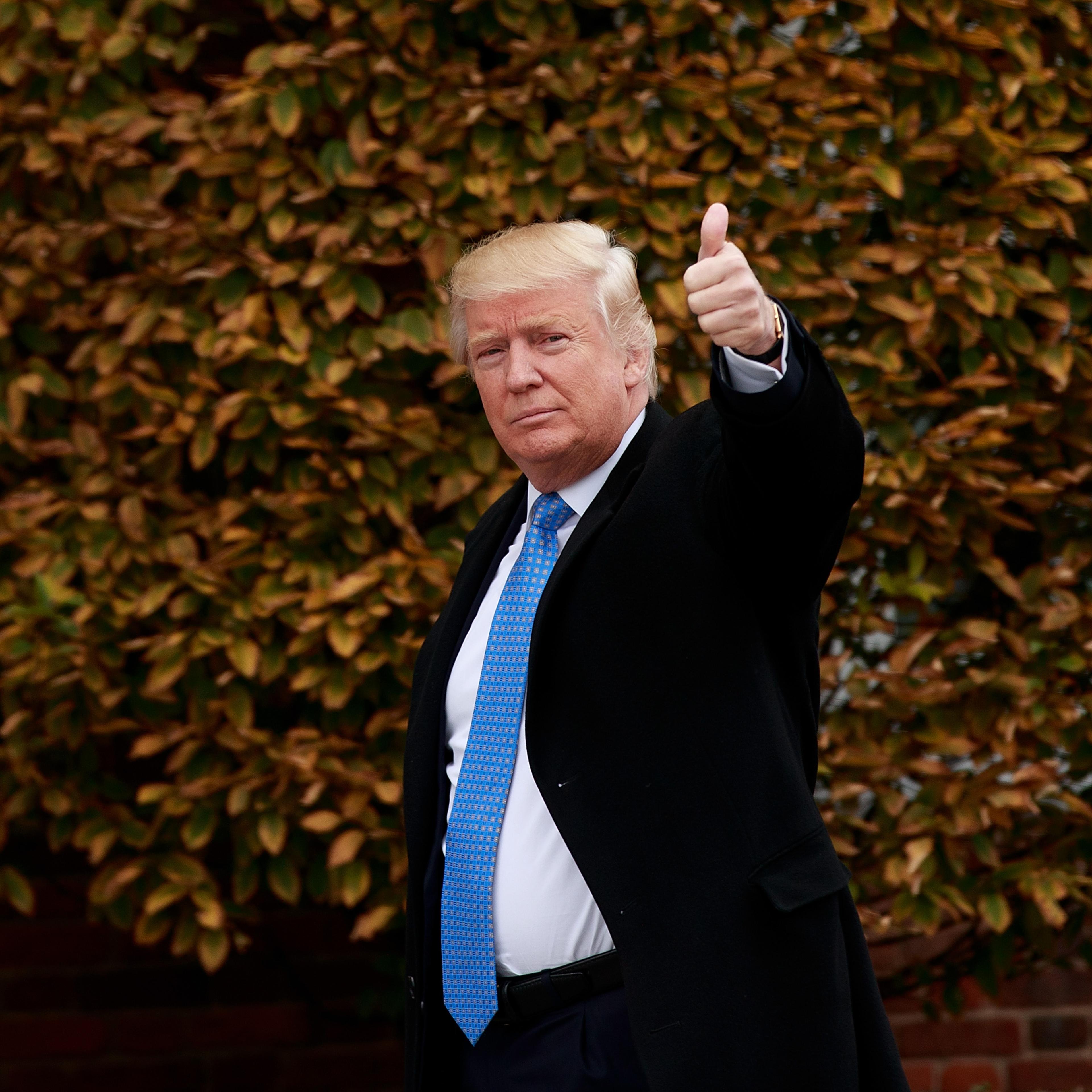 President-elect Donald Trump waves as he arrives at Trump International Golf Club for a day of meetings in Bedminster Township, NY, on Nov. 20, 2016.