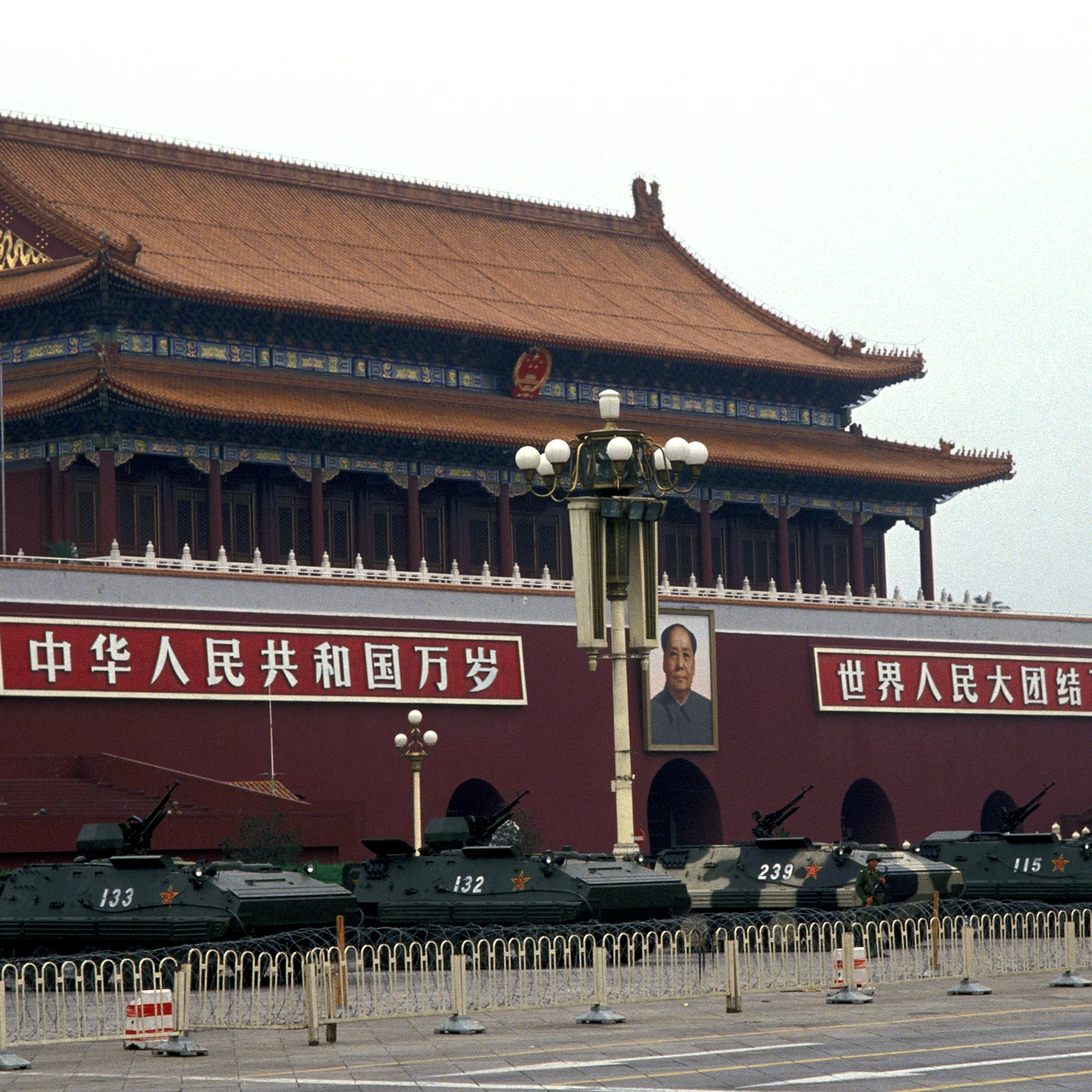 The tanks on Tiananmen Square in Beijing China on June 11, 1989.