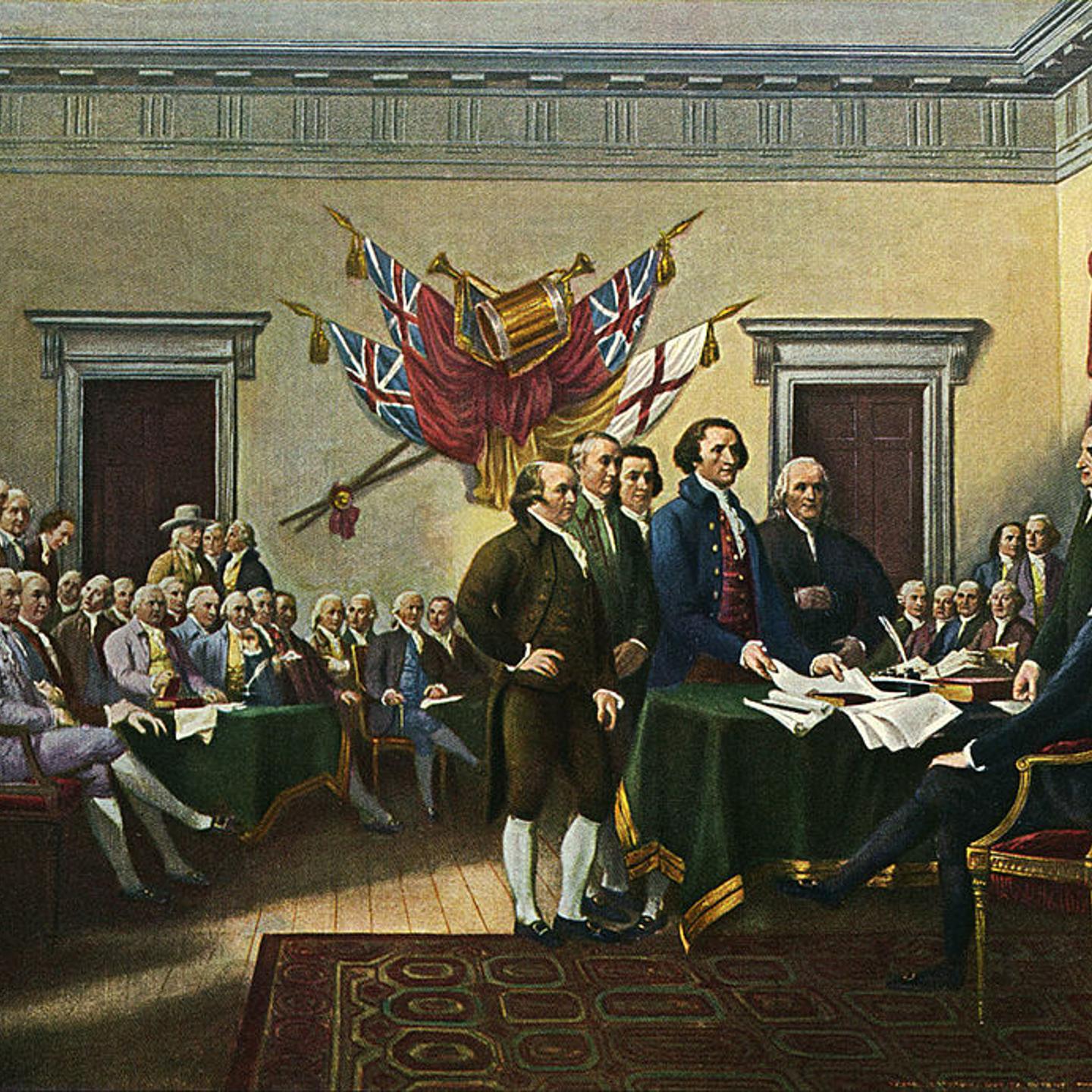 A painting by John Trumbull, 'Signing the Declaration of Independence, 28th June 1776' commissioned 1817, showing Thomas Jefferson and the drafting committee presenting the document to John Hancock.