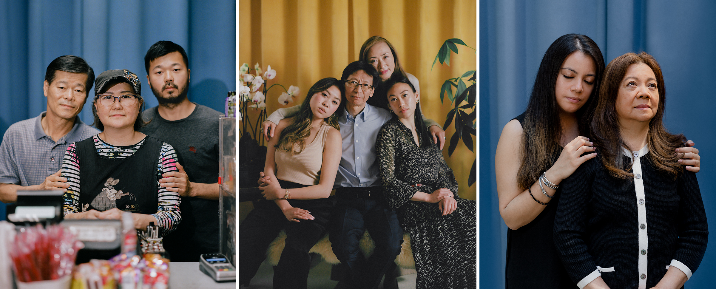 After experiencing the surge in attacks on Asian American elders firsthand this year, these families, and others like them, have found strength in their bonds. Pictured from left to right: the Sung family in North Carolina, the Chan family in California and the Kari family in New York.