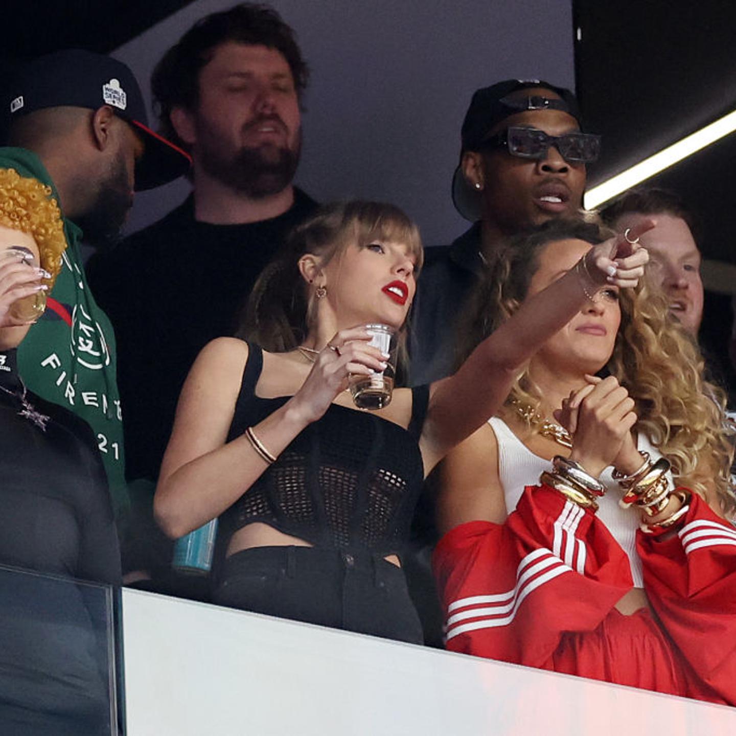 Singer Taylor Swift and Actress Blake Lively talk before Super Bowl LVIII between the San Francisco 49ers and Kansas City Chiefs at Allegiant Stadium on February 11, 2024 in Las Vegas, Nevada.