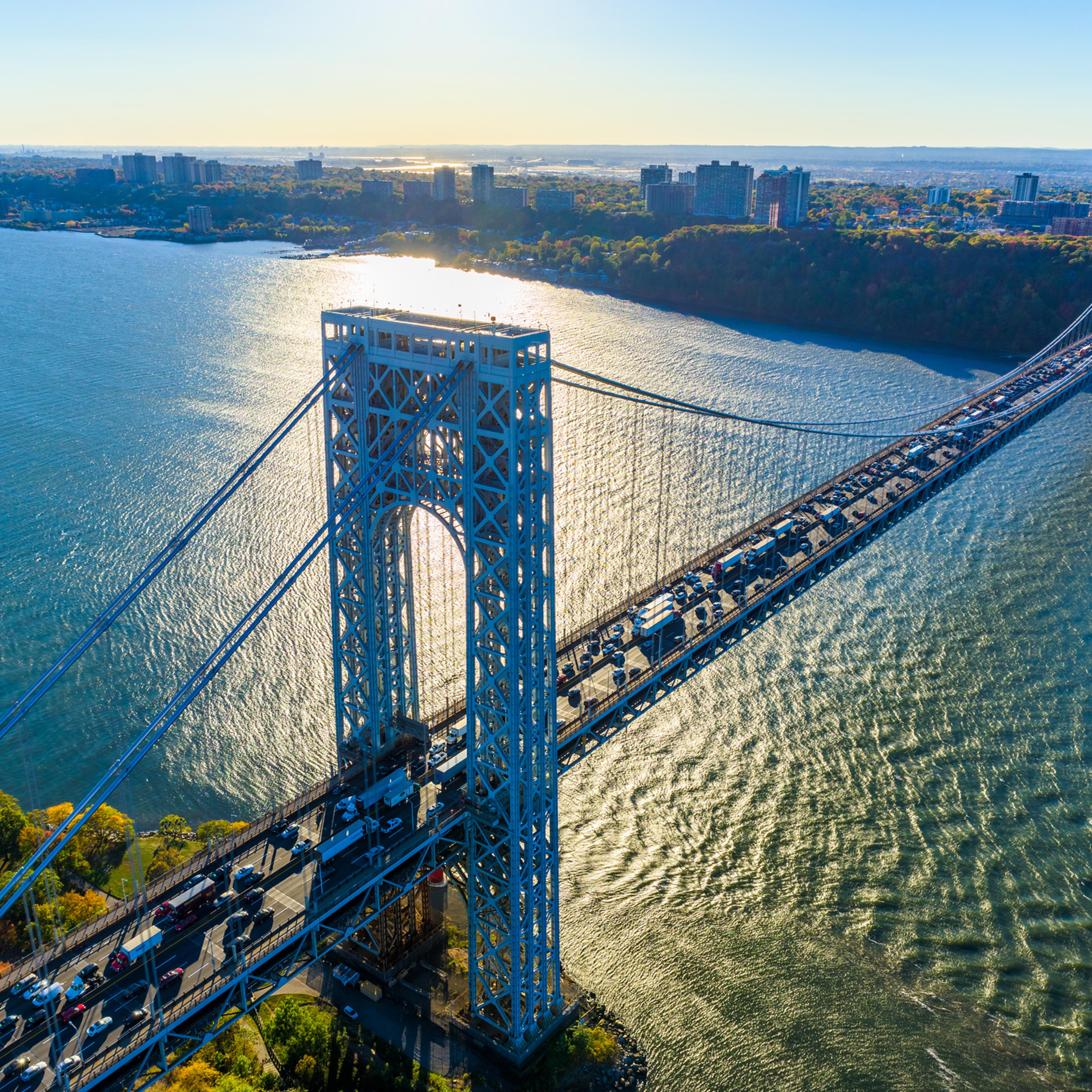 George Washington Bridge, NYC, rush hour, view from helicopter, silhouette