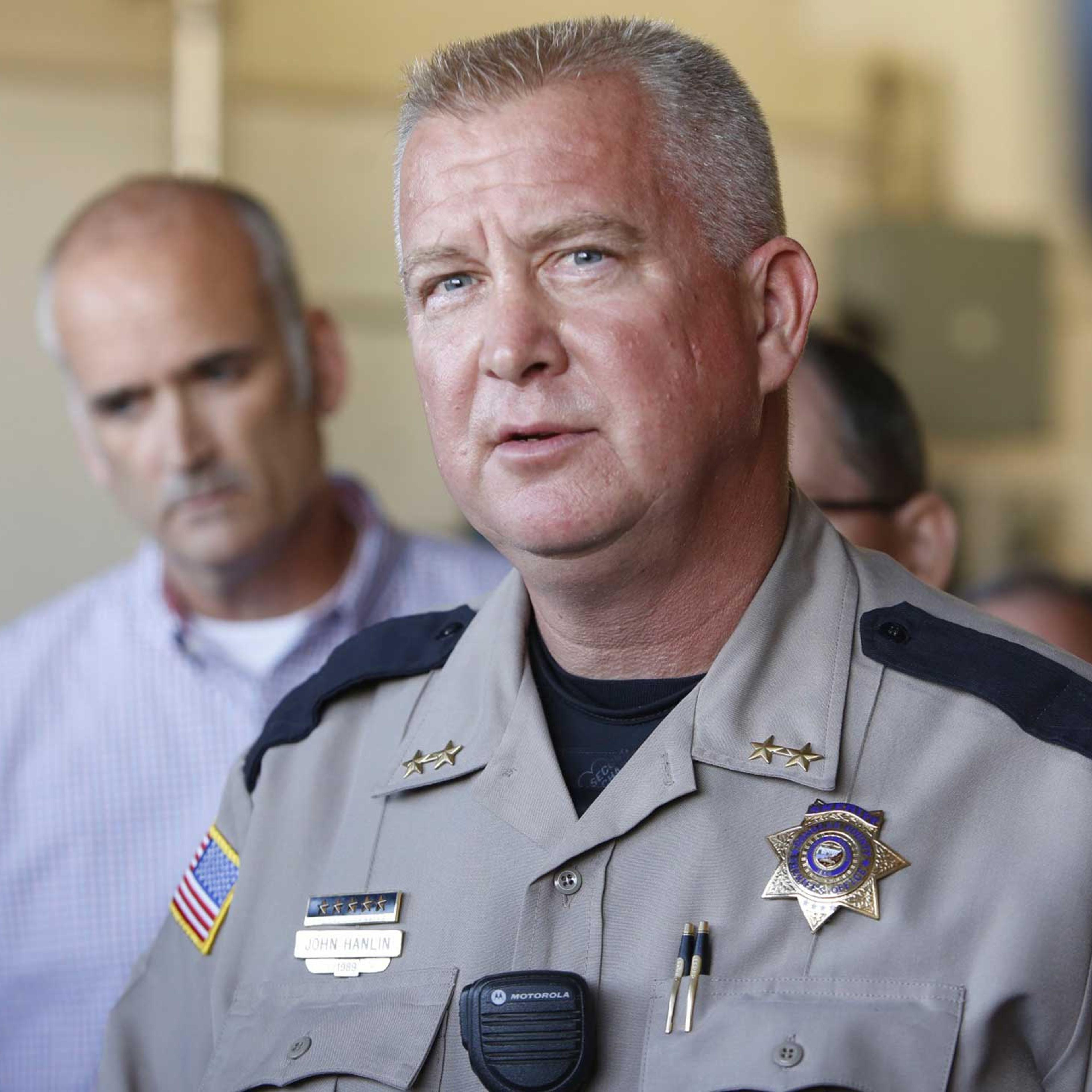 Douglas county sheriff John Hanlin pauses while speaking to media after a mass shooting at Umpqua Community College in Roseburg Oregon