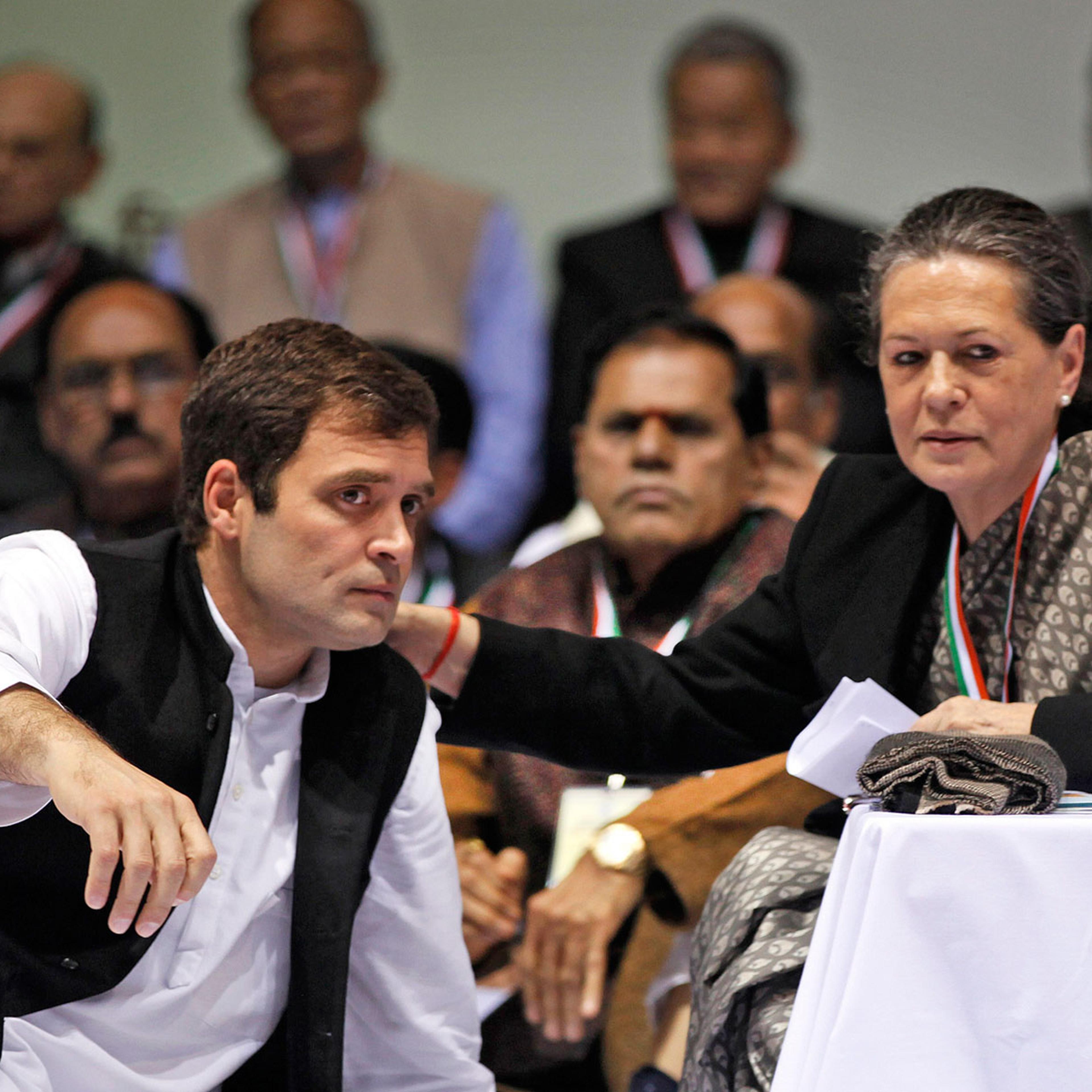 Sonia Gandhi with Rahul at a party meeting in New Delhi