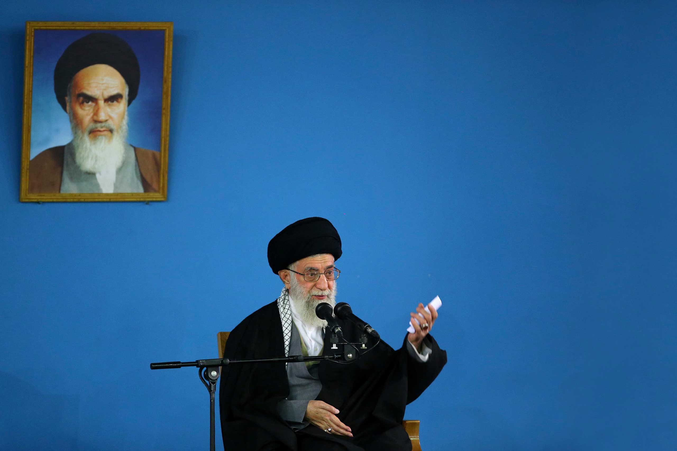 Supreme Leader Ayatollah Ali Khamenei speaks at a public gathering at his residence in Tehran, Jan. 7, 2015.