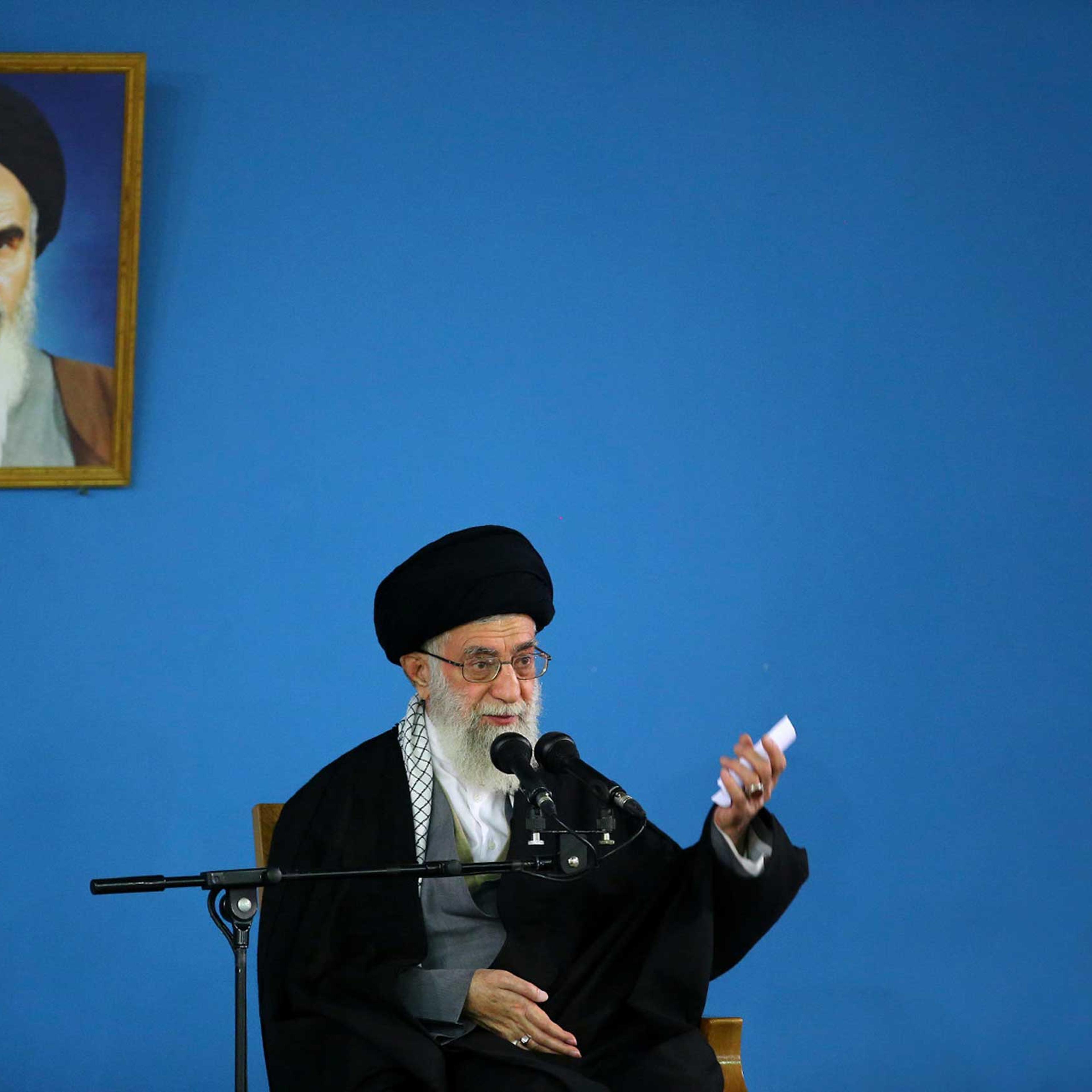 Supreme Leader Ayatollah Ali Khamenei speaks at a public gathering at his residence in Tehran, Jan. 7, 2015.