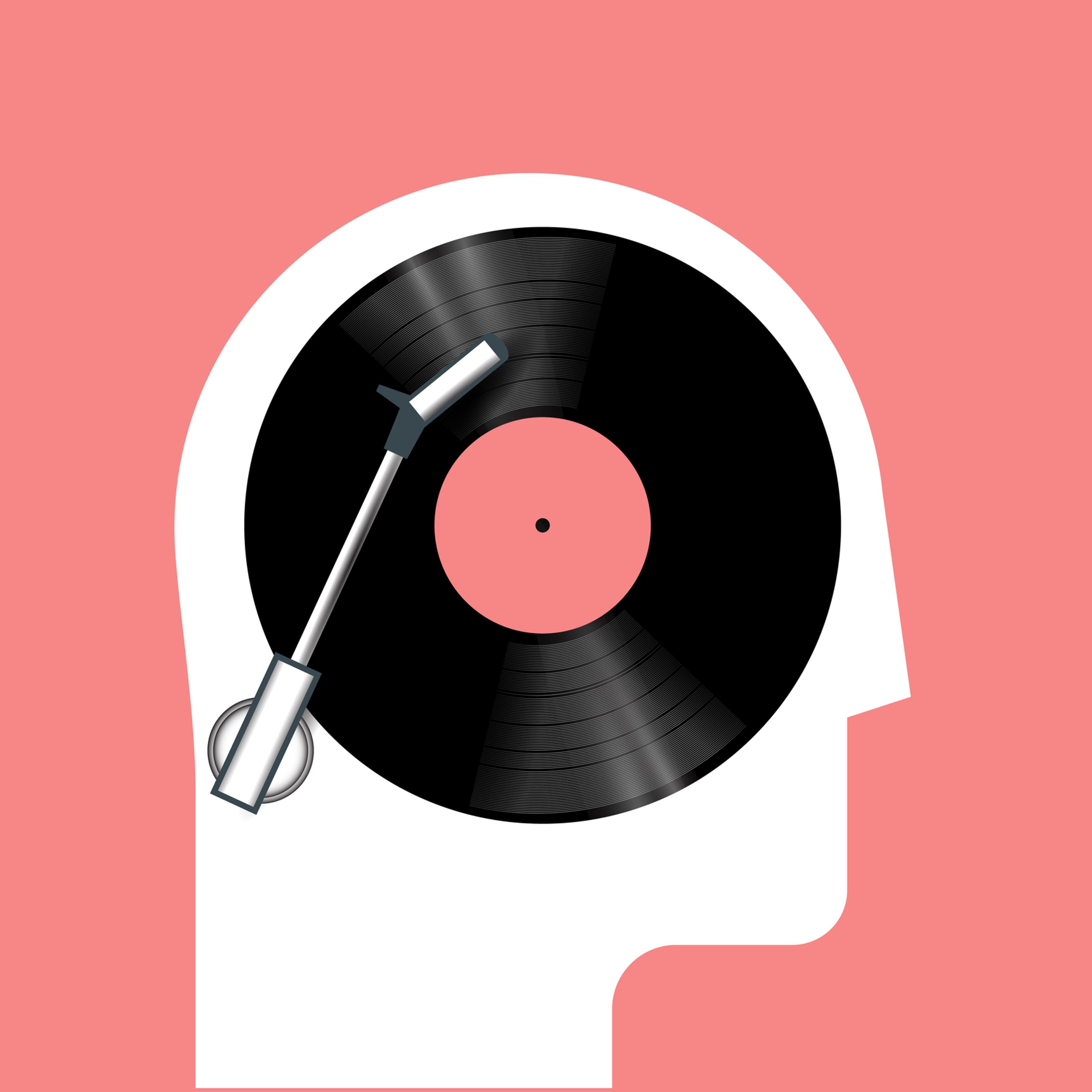 Music listening concept with side view human head silhouette and vinyl disc inside. Musical poster or banner concept. Isolated on red background. Minimalistic vector illustration.