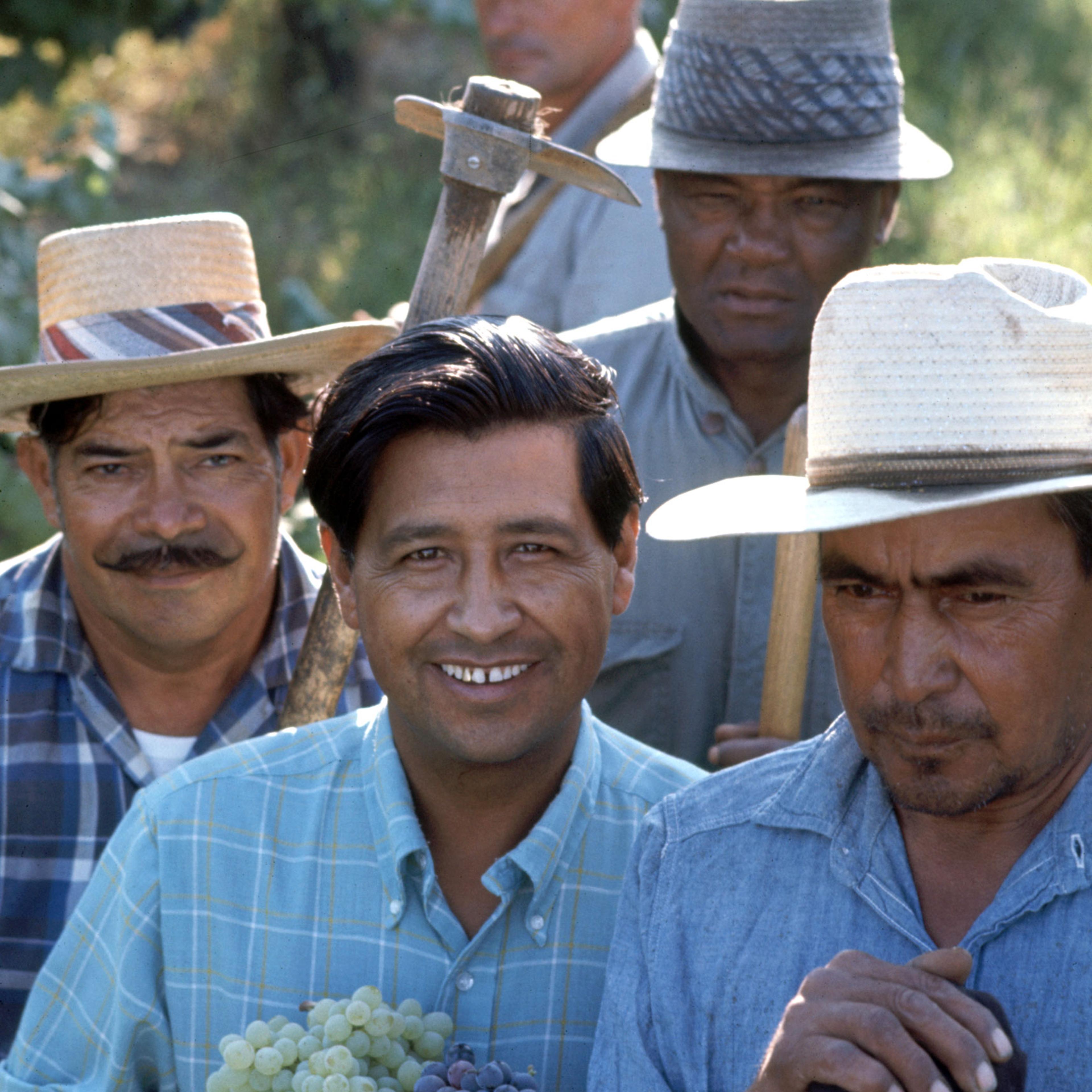 Labor activist Cesar Chavez with grape pickers in support of the United Farm Workers Union, Delano, California, 1968.