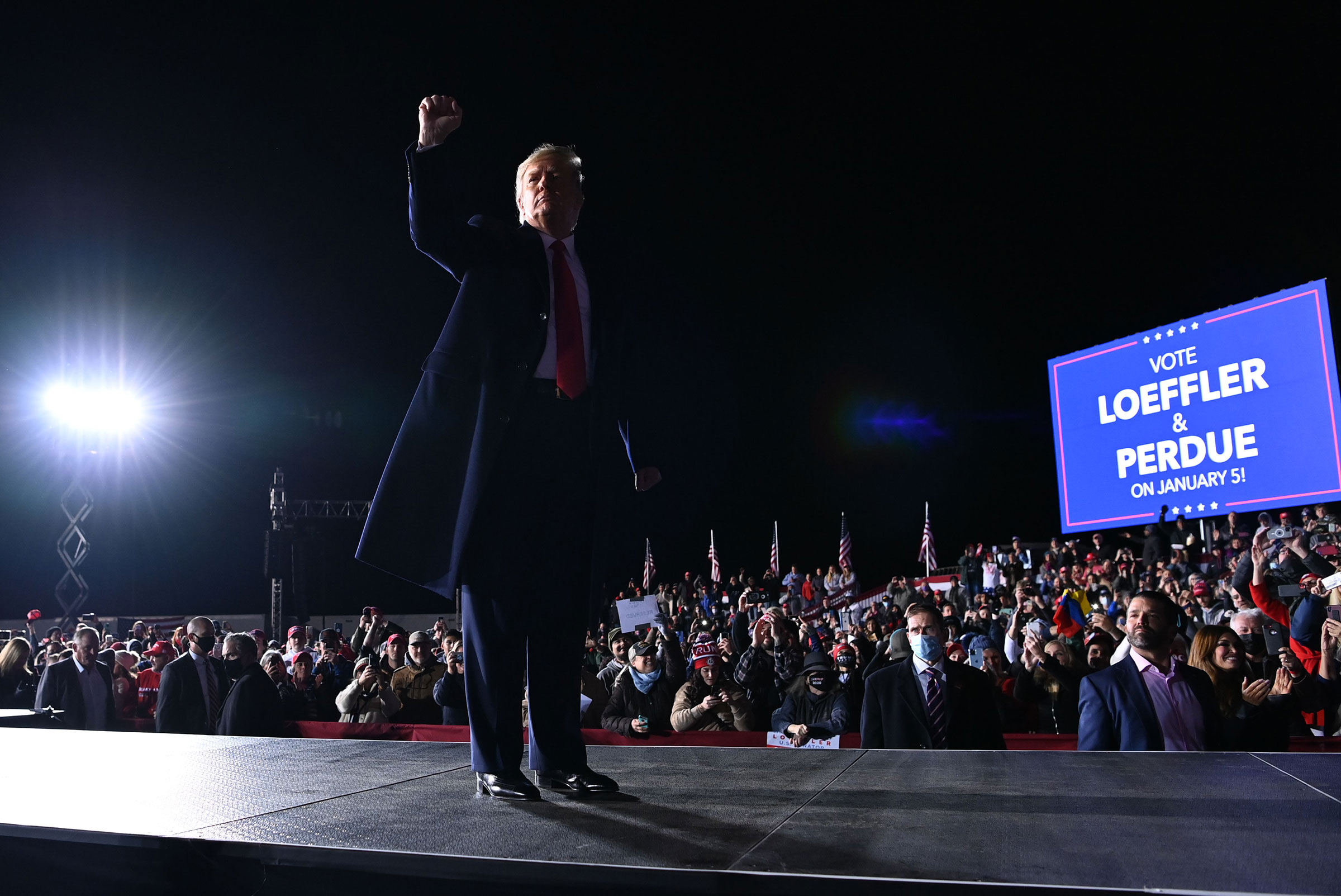 President Donald Trump during a rally in support of Republican incumbent senators Kelly Loeffler and David Perdue ahead of Senate runoff in Dalton, Ga. on Jan. 4, 2021.