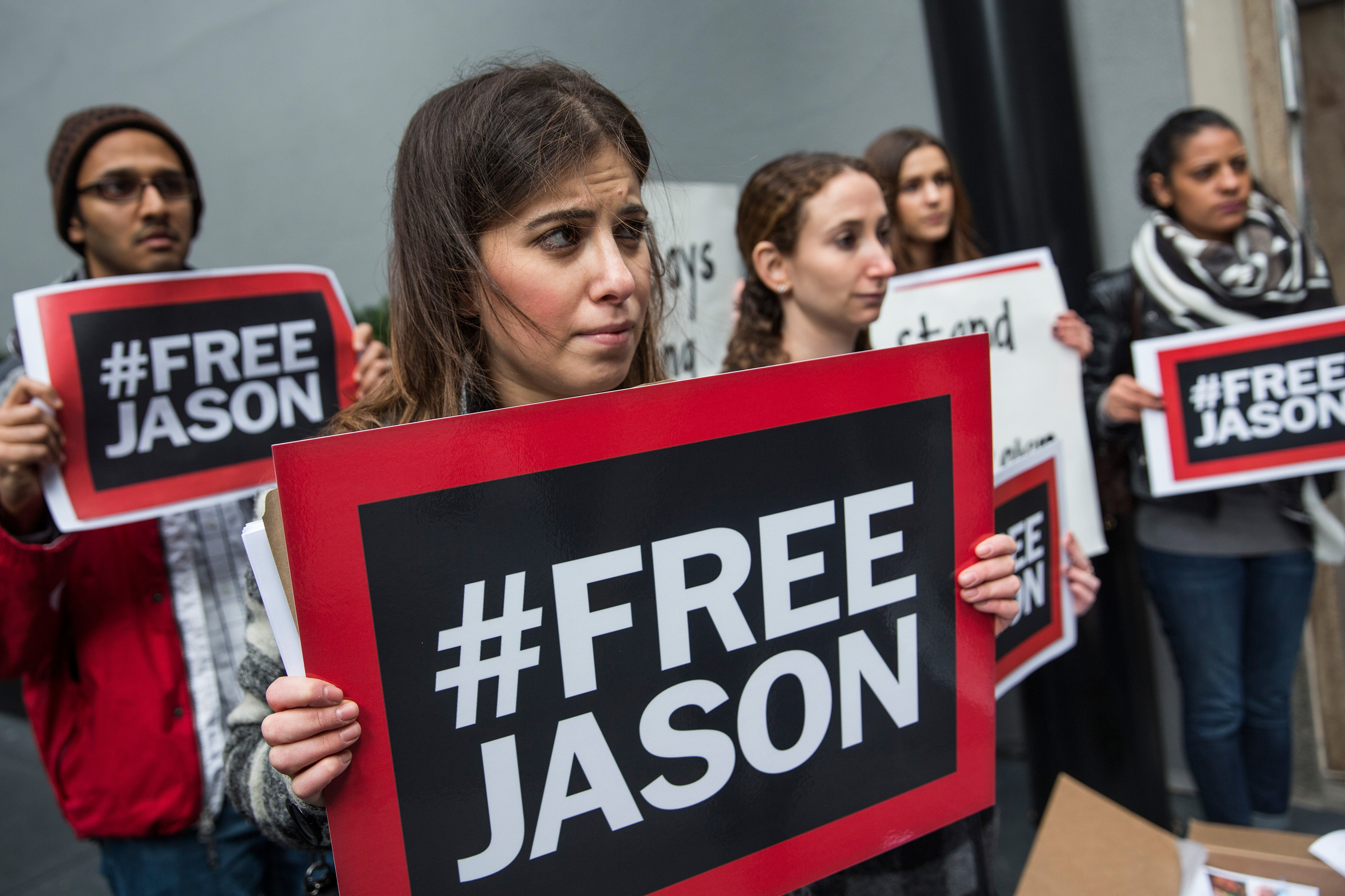 Supporters protest with Ali Rezaian, the brother of Washington Post journalist Jason Rezaian, who has been imprisoned in Iran for 500 days, before he delivers a petition to the Iranian Mission to the United Nations calling for his brother's immediate rel