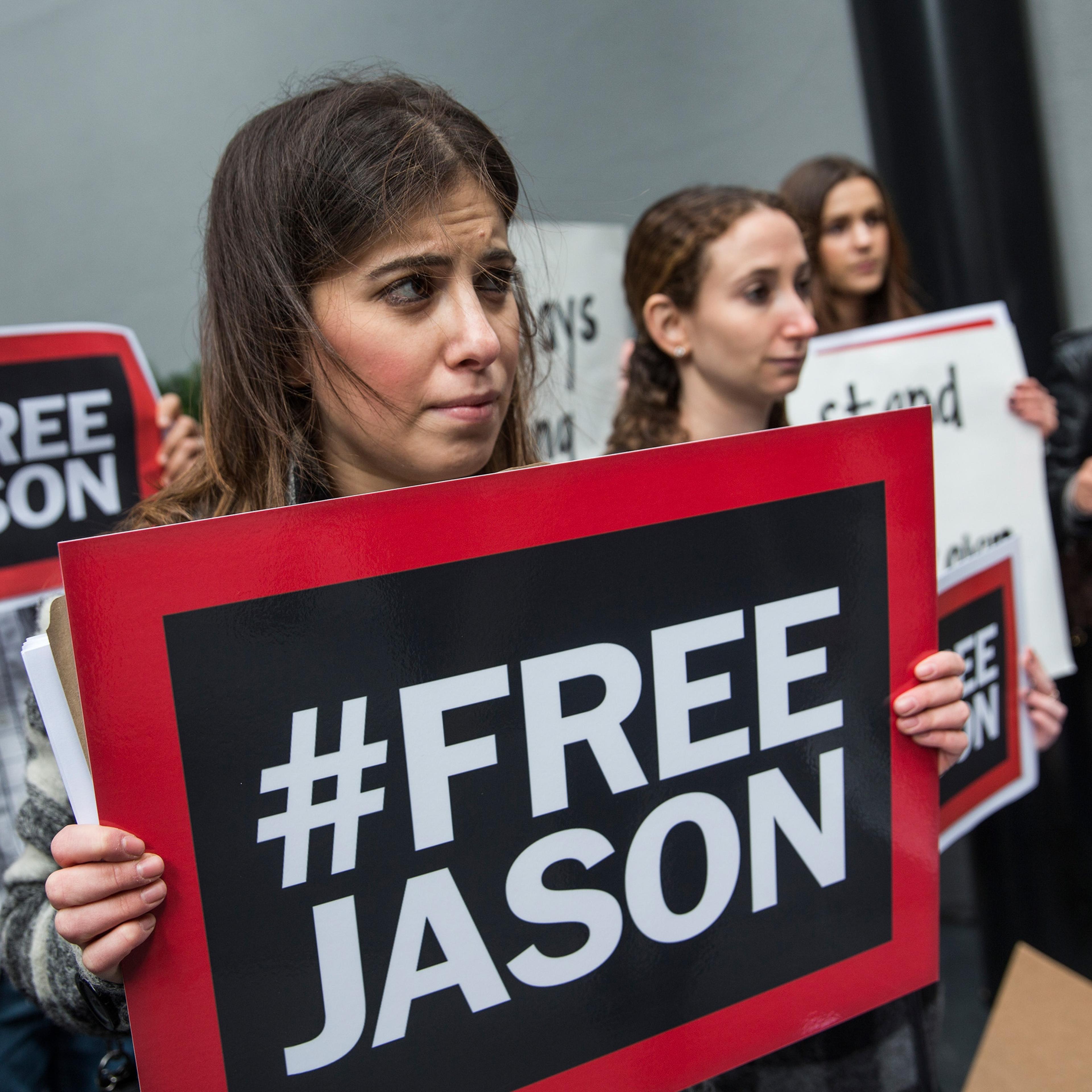 Supporters protest with Ali Rezaian, the brother of Washington Post journalist Jason Rezaian, who has been imprisoned in Iran for 500 days, before he delivers a petition to the Iranian Mission to the United Nations calling for his brother's immediate rel
