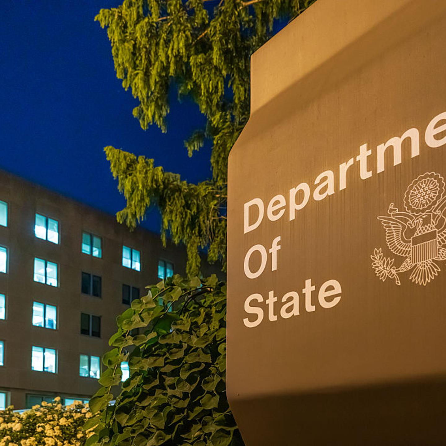 The U.S. Department of State headquarters building at dusk in Washington, D.C. on July 11, 2025.
