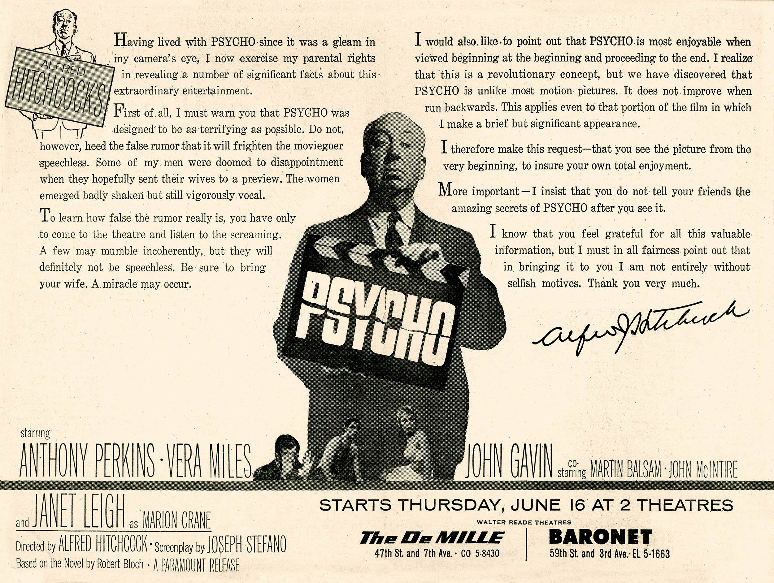 Psycho newspaper advertisement, 1960.