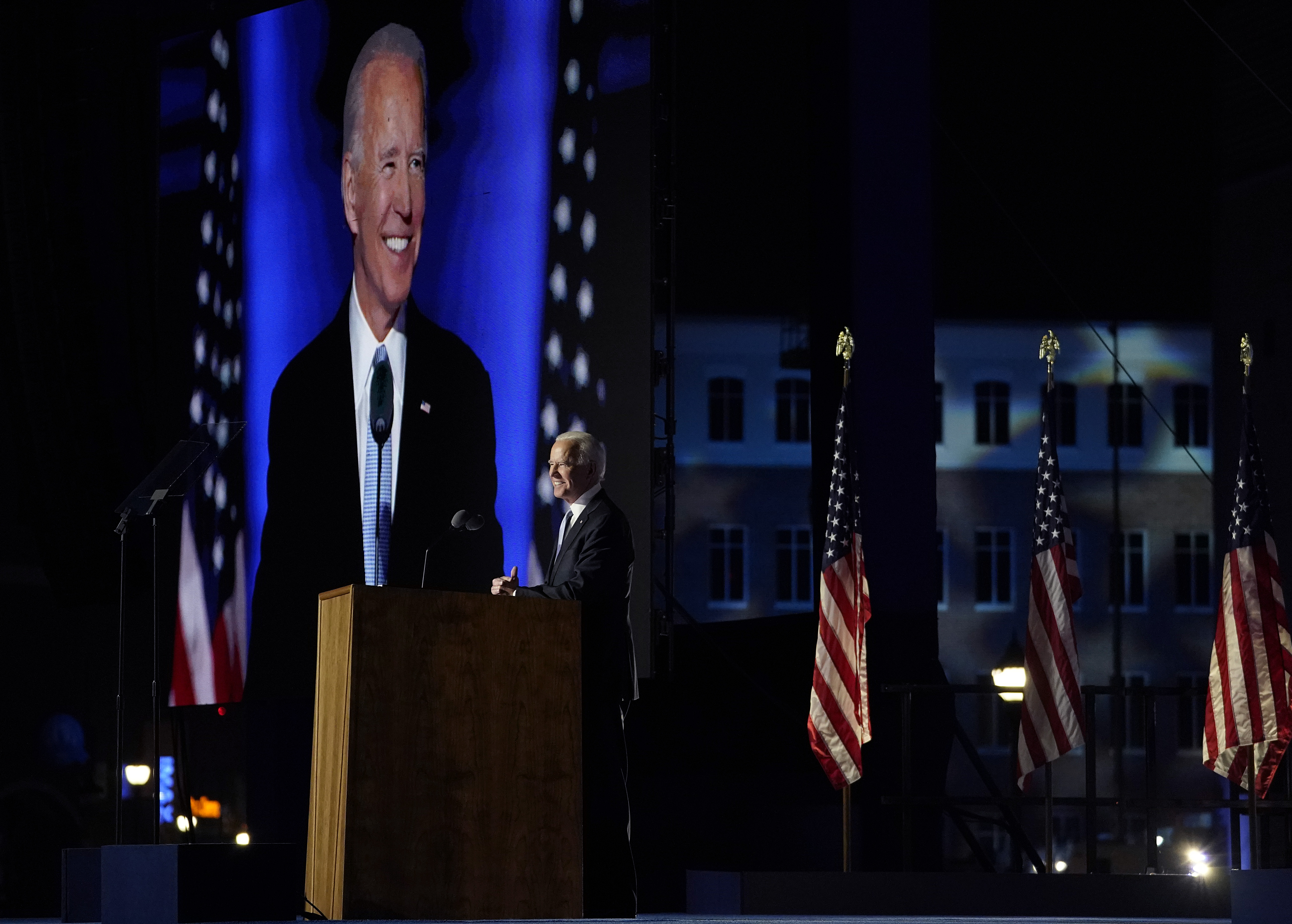 President-elect Joe Biden addresses the nation from the Chase Center in Wilmington, Del. on Nov. 07, 2020.