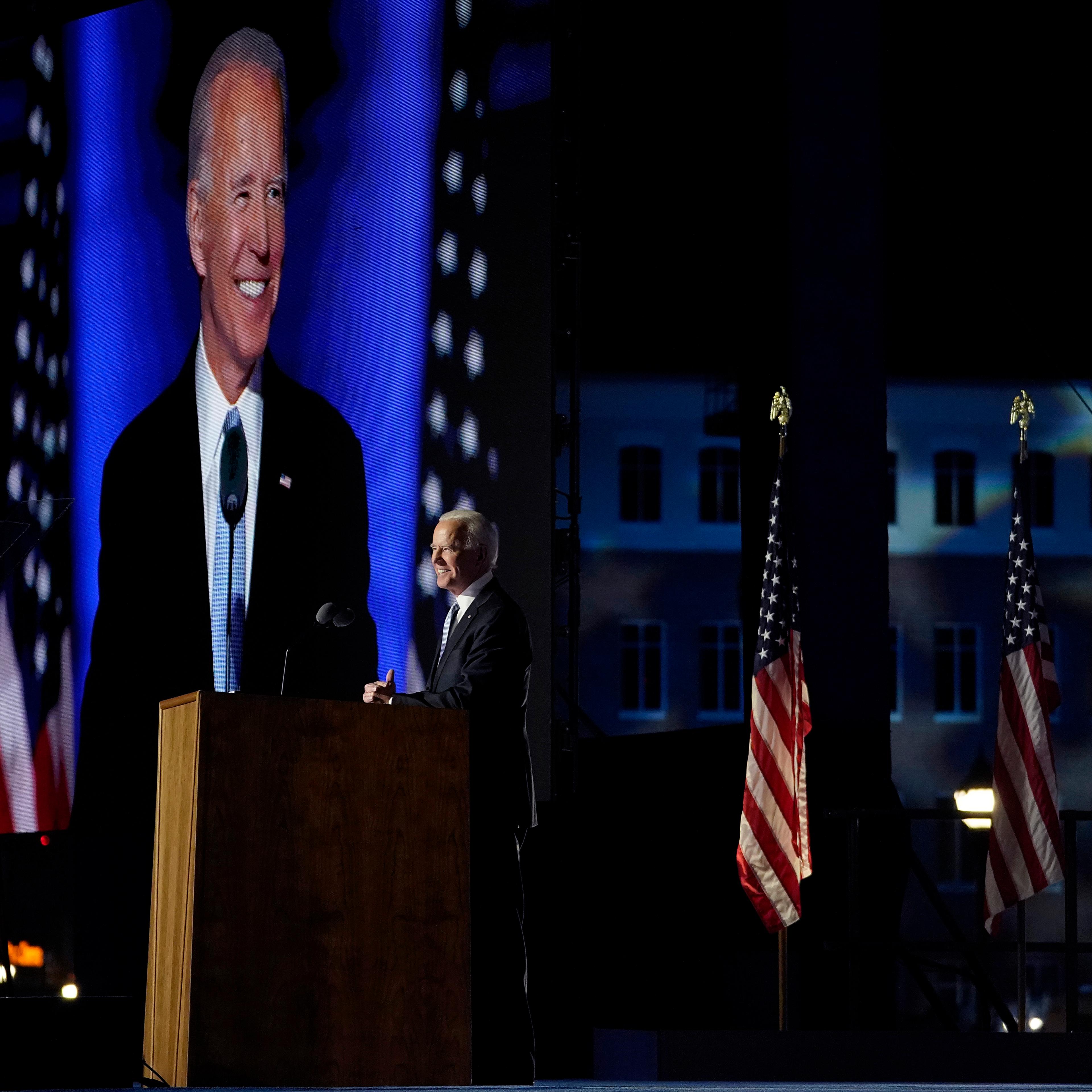 President-elect Joe Biden addresses the nation from the Chase Center in Wilmington, Del. on Nov. 07, 2020.