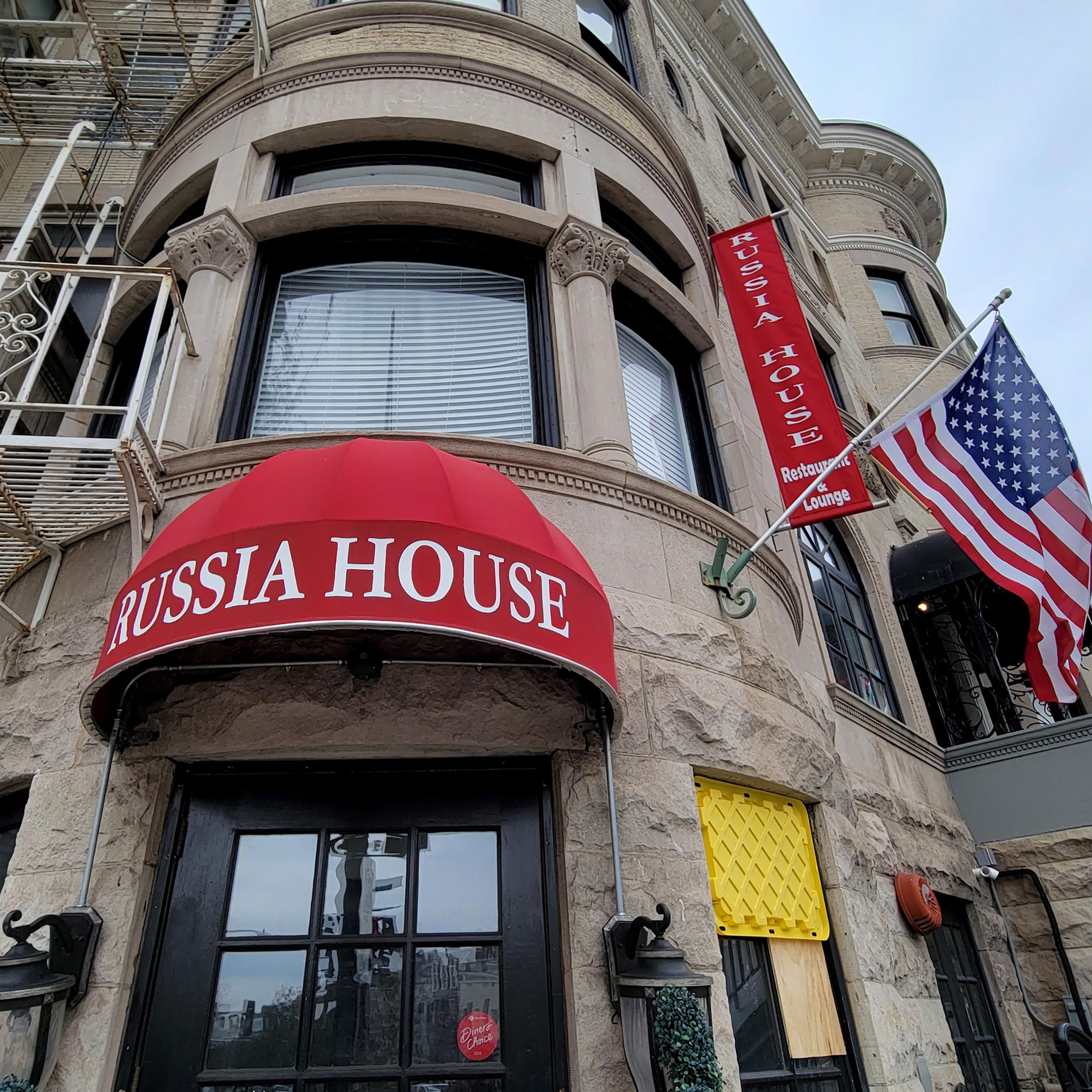 The Russia House bar and restaurant waves the American flag outside its entrance