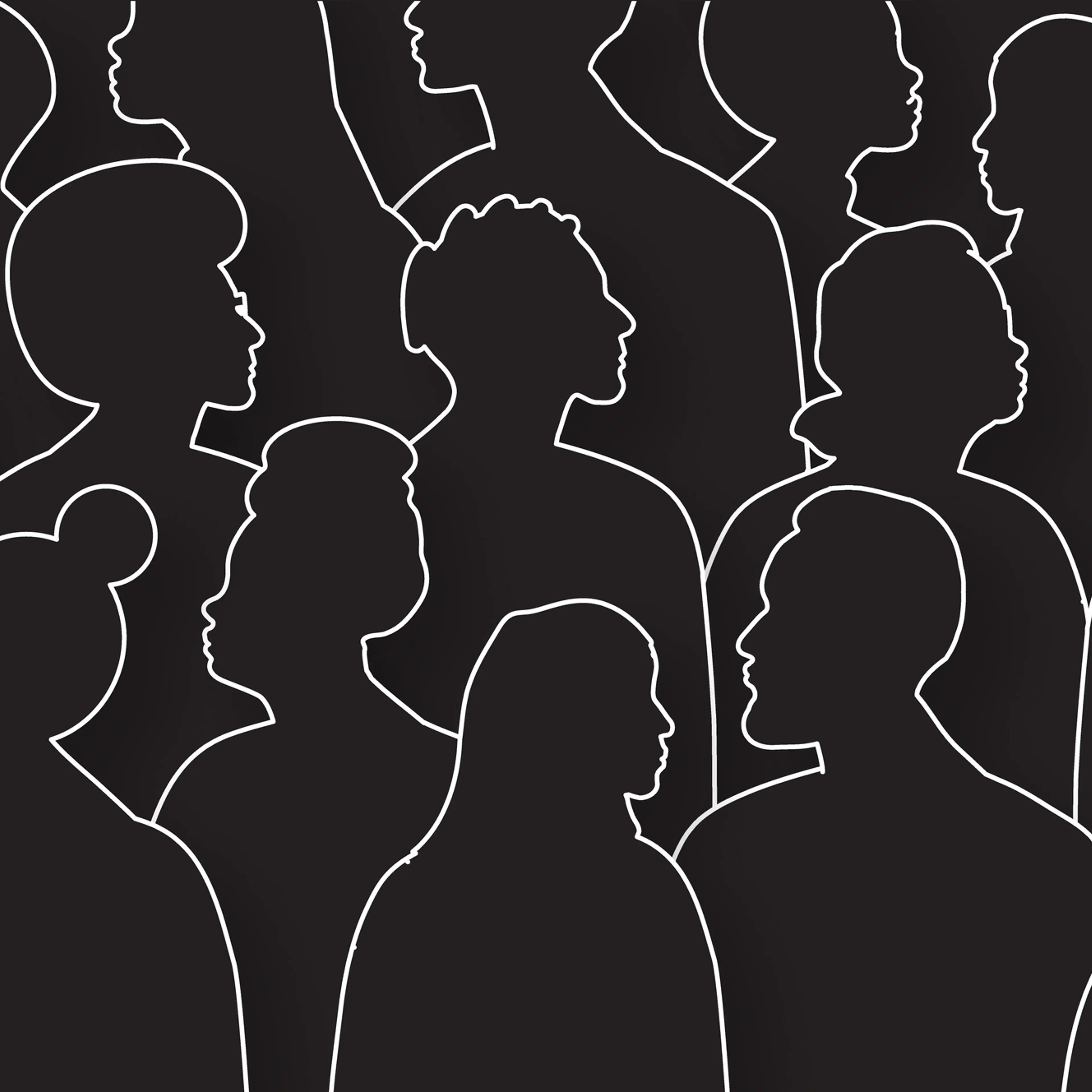 Crowd of diverse people side view silhouettes both men and women black and white outline with drop shadow