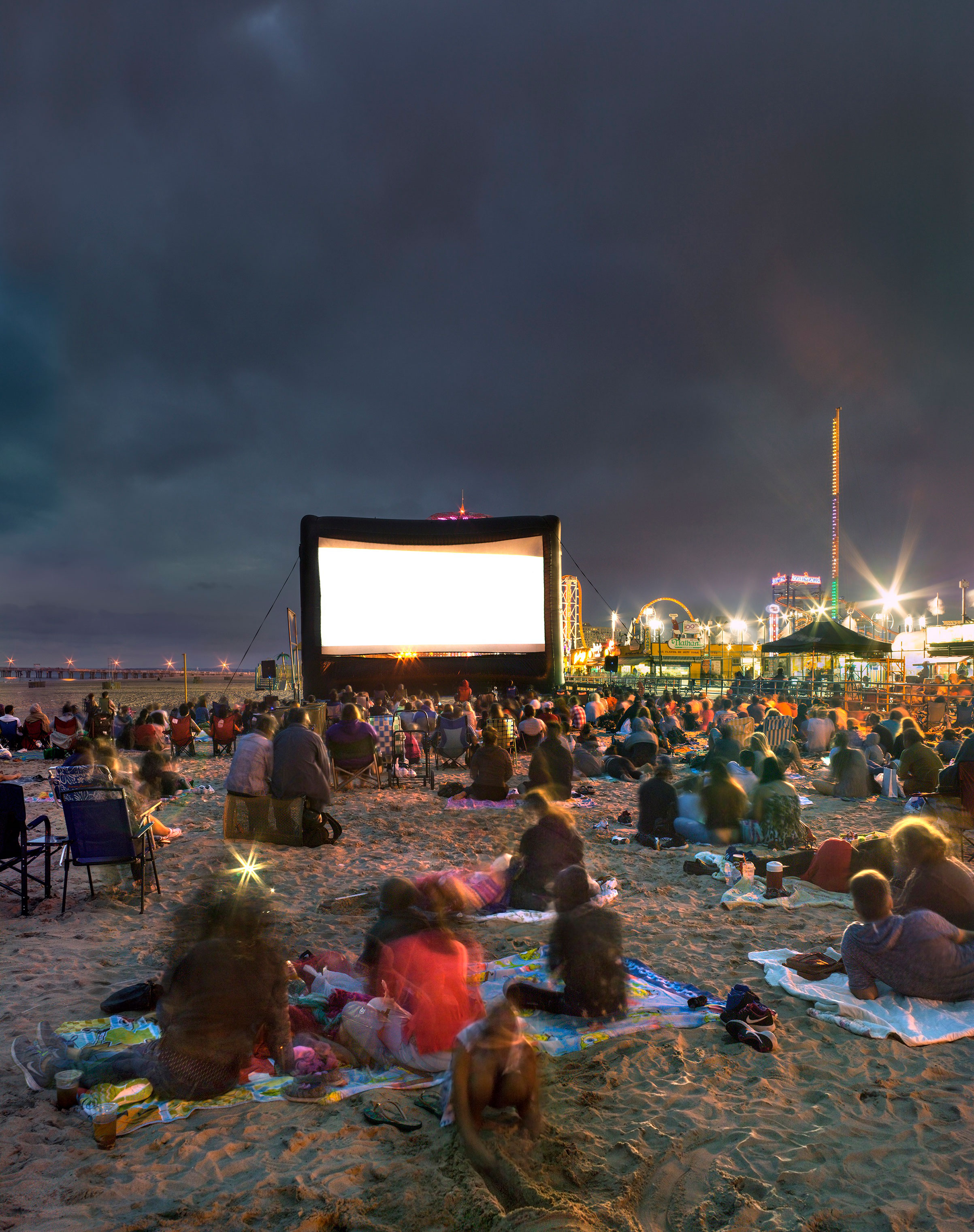 Moviegoers and Coney Island beach and boardwalk, 2016.