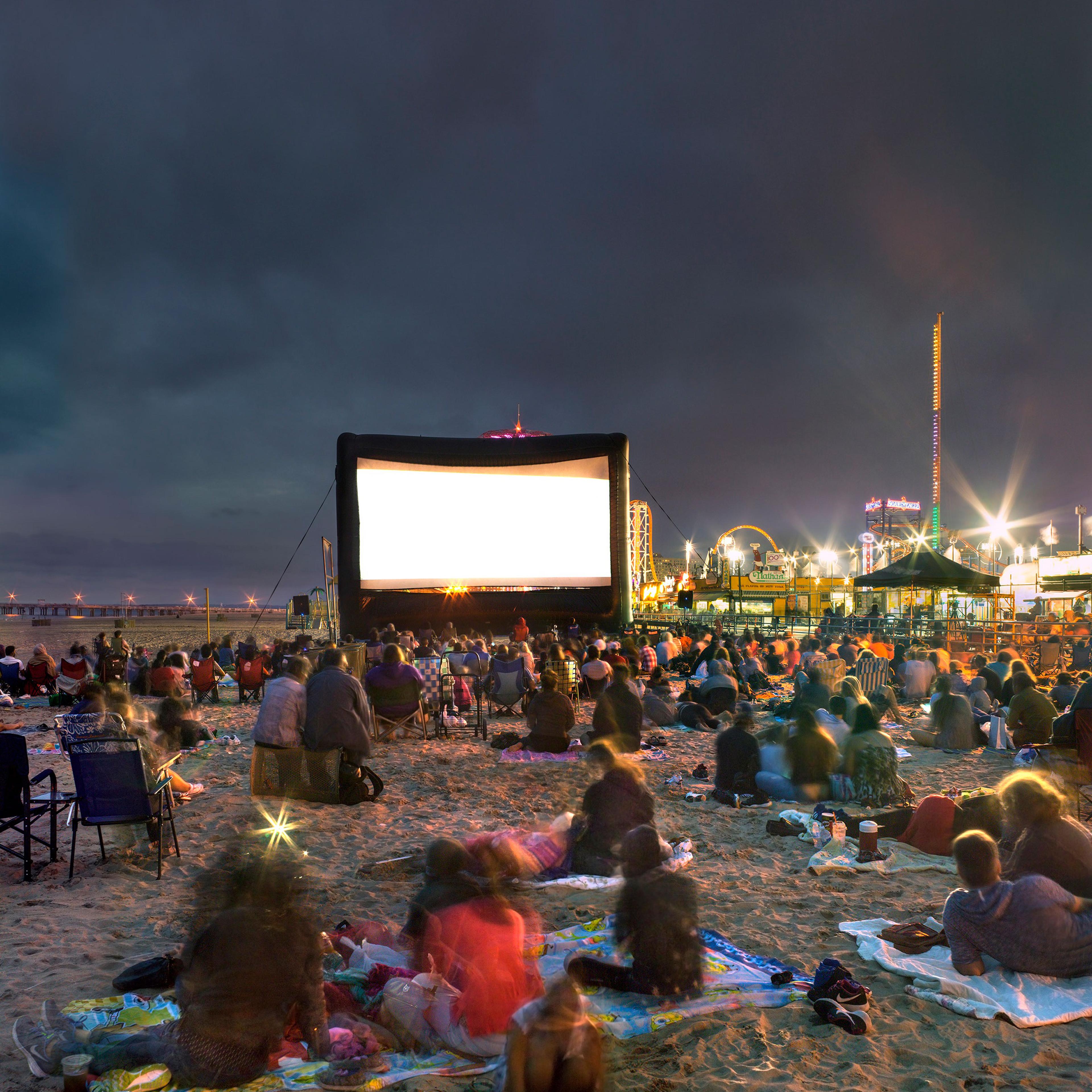 Moviegoers and Coney Island beach and boardwalk, 2016.