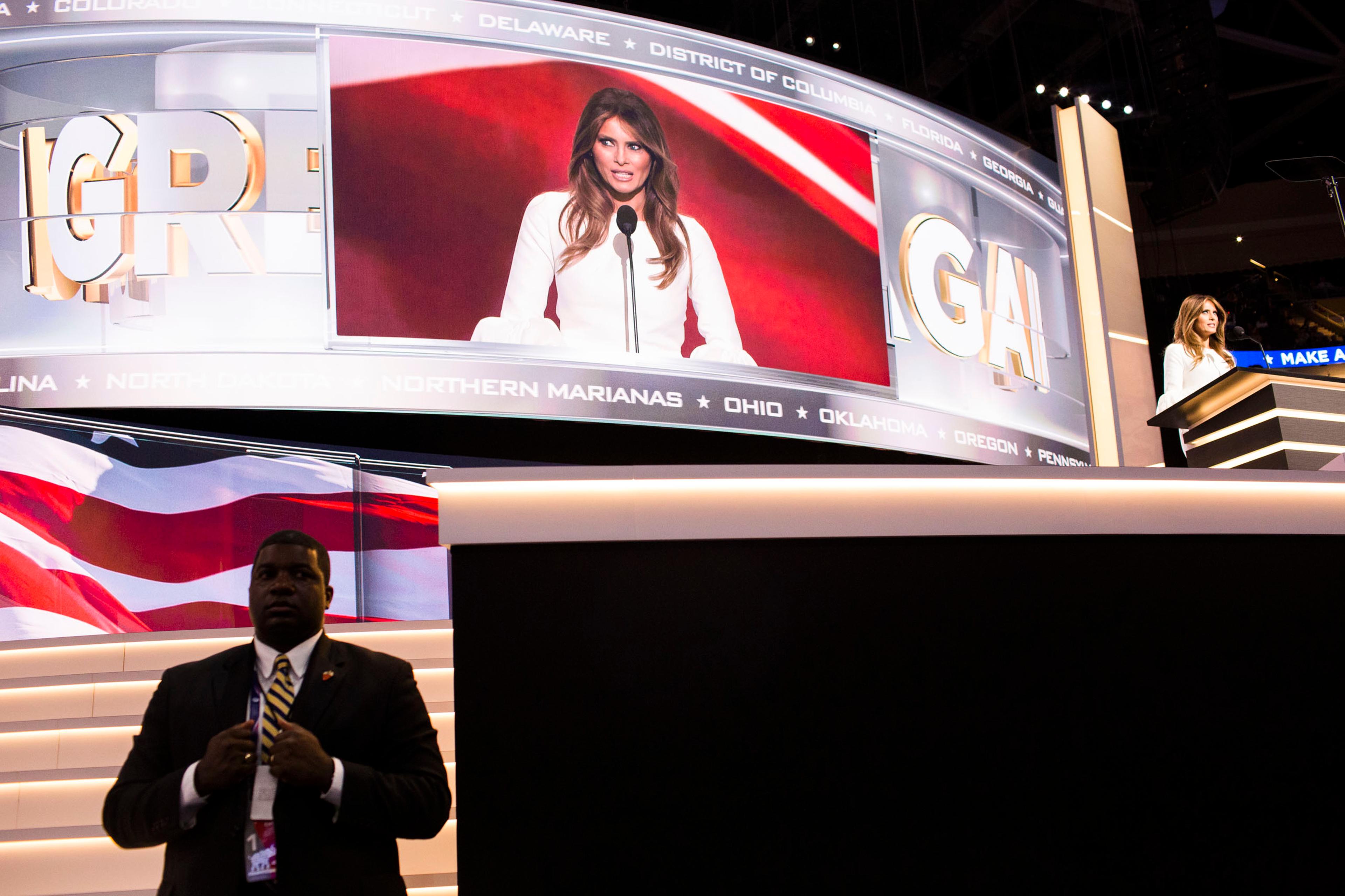 Melania Trump speaks to the crowd at the 2016 Republican National Convention on Monday, July 18, 2016, in Cleveland.
