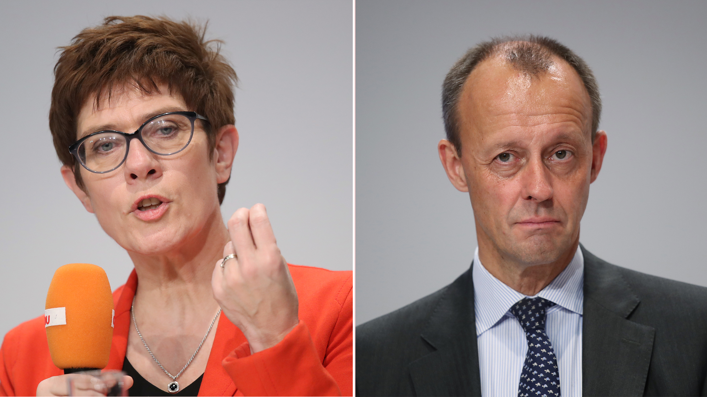Annegret Kramp-Karrenbauer and Friedrich Merz at a regional German Christian Democrats (CDU) gathering on November 22, 2018 in Halle, Germany.