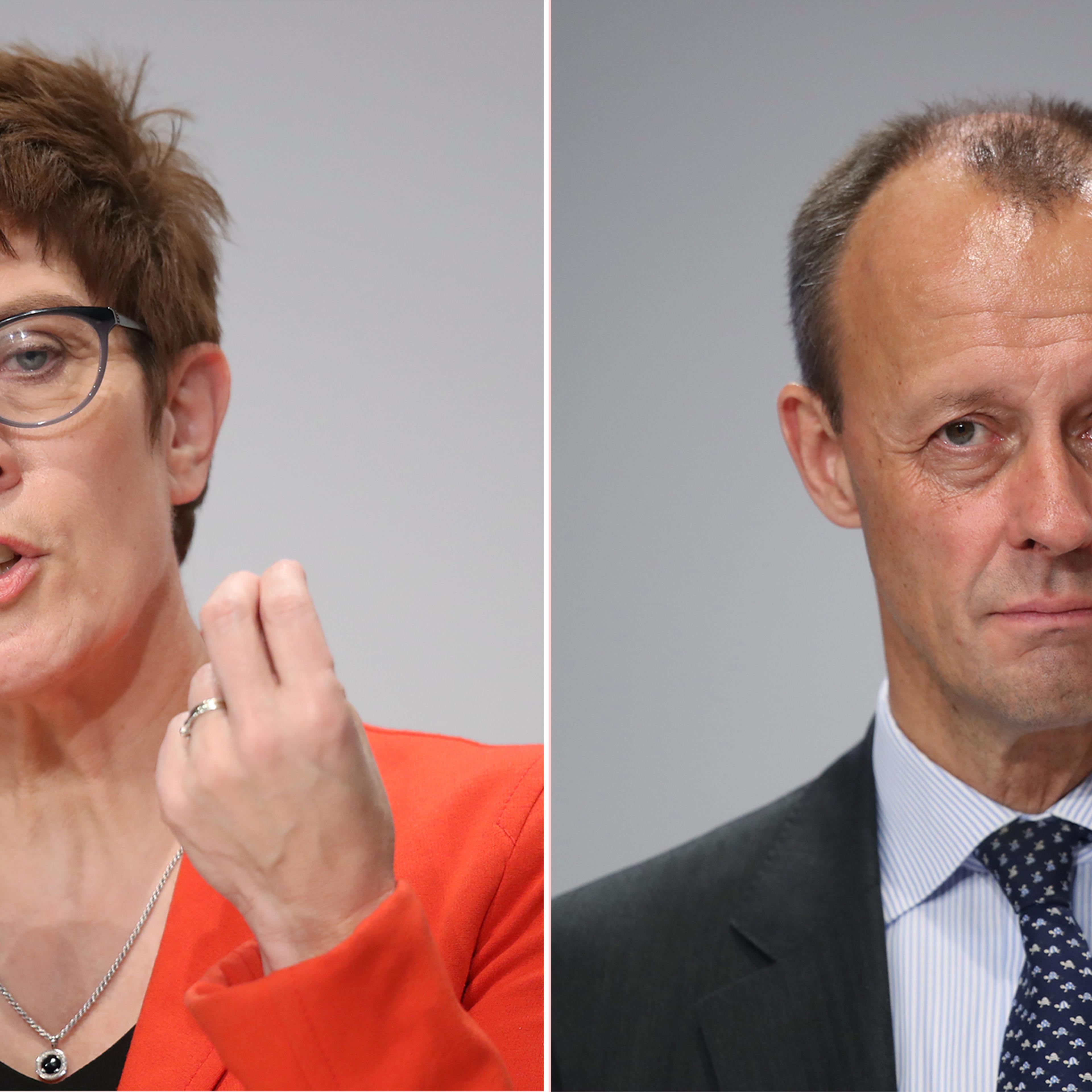 Annegret Kramp-Karrenbauer and Friedrich Merz at a regional German Christian Democrats (CDU) gathering on November 22, 2018 in Halle, Germany.